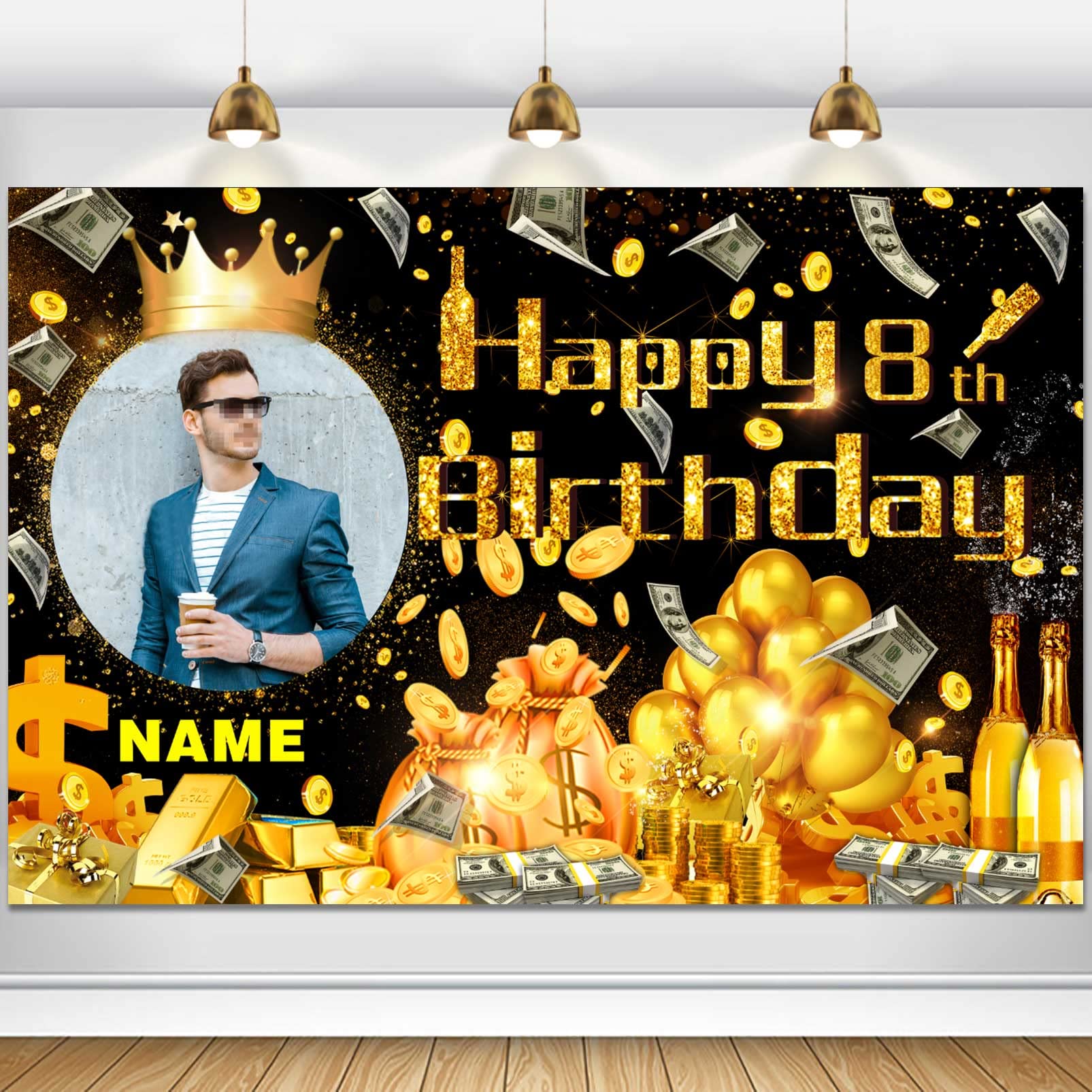 Custom Dollar Money Black and Gold Happy 8th Birthday Party Decorations Supplies Personalized Dollar Money Black and Gold 8th Birthday Backdrop Banner