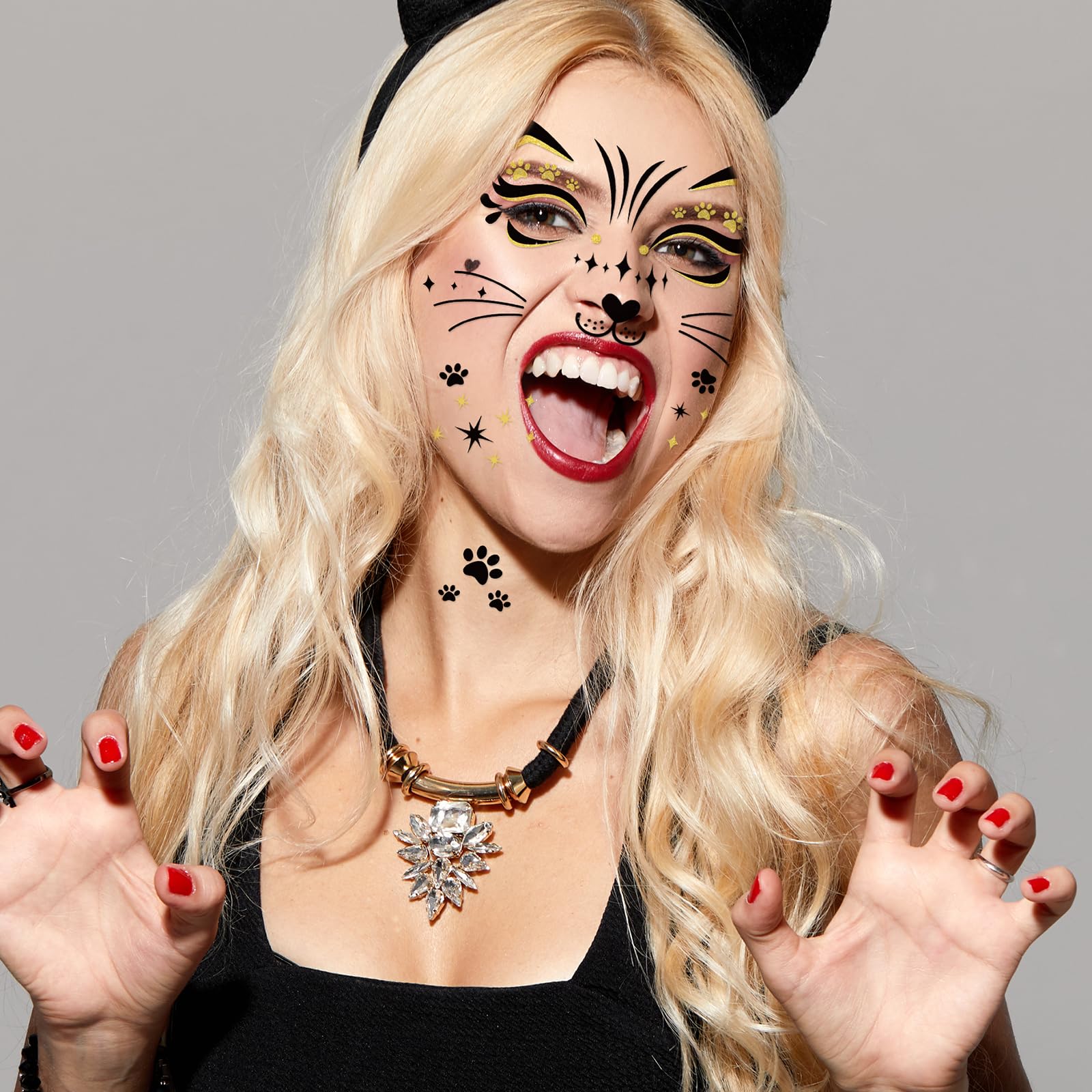 DPKOW Cat Tattoos Face Carnival Women Children Temporary Tattoos Glitter Stones Face Halloween Tattoo Make-Up Cosplay Fancy Dress Costumes Carnival Accessories Waterproof - Image 3