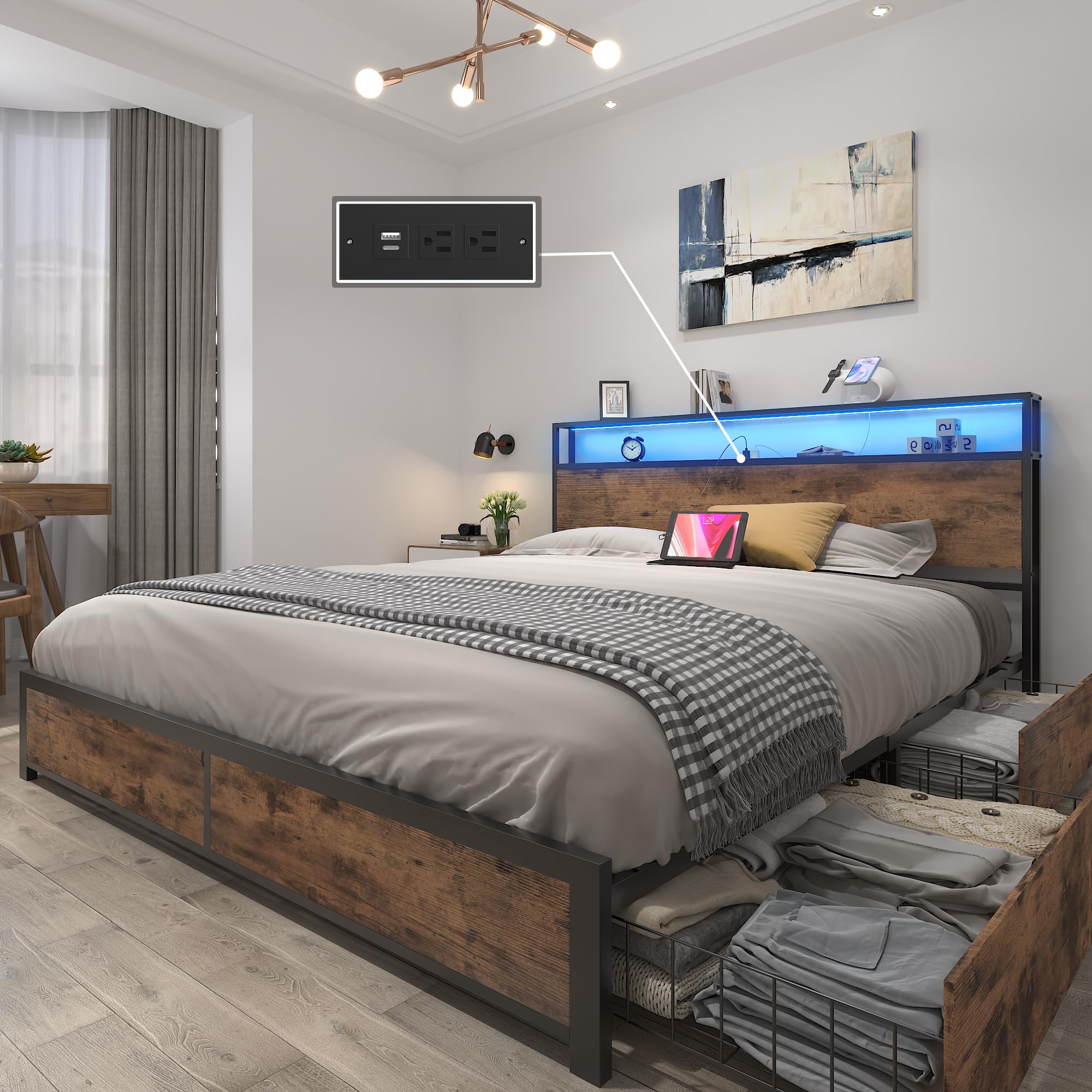 Queen Bed Frame with 2-Tier Storage Headboard