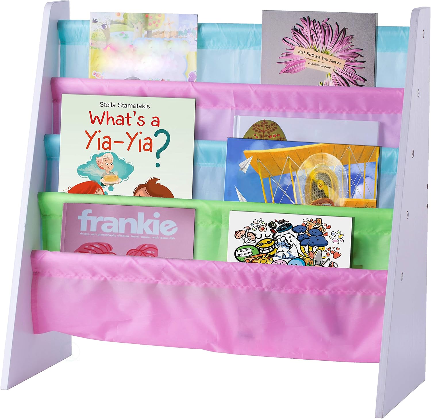 Basicwise 4 Tiered Colorful Lined Kids' Sling Magazine Book Rack, Multi