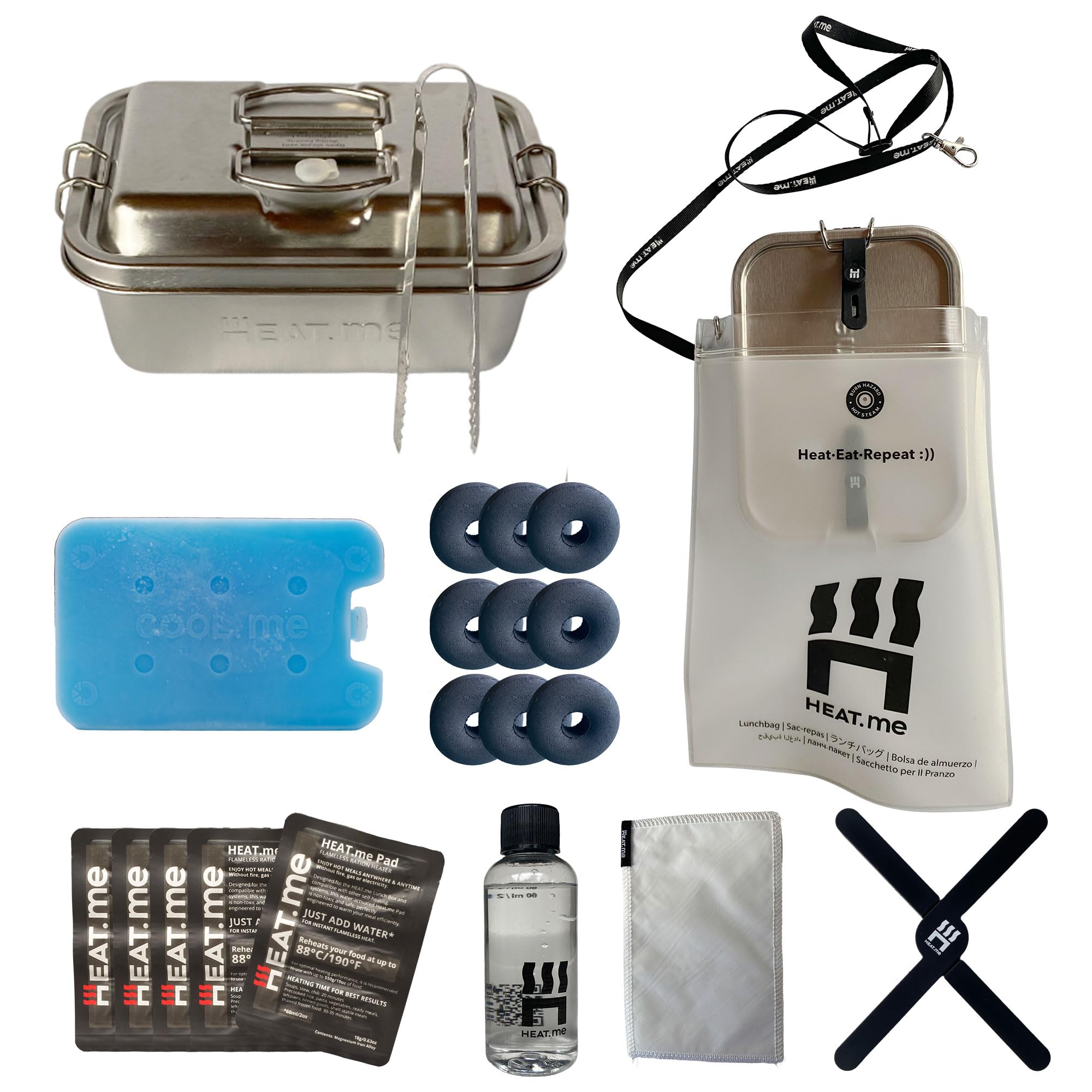 HEAT.me All-in-one Lunchbox Kit - 2 Edelstahl Boxen 1800ml+800ml | Grillen, Kühlen & Erwärmen stromlos | 5 Heizpads & 24 Grillringe | Für Outdoor, Camping, Büro & Arbeit