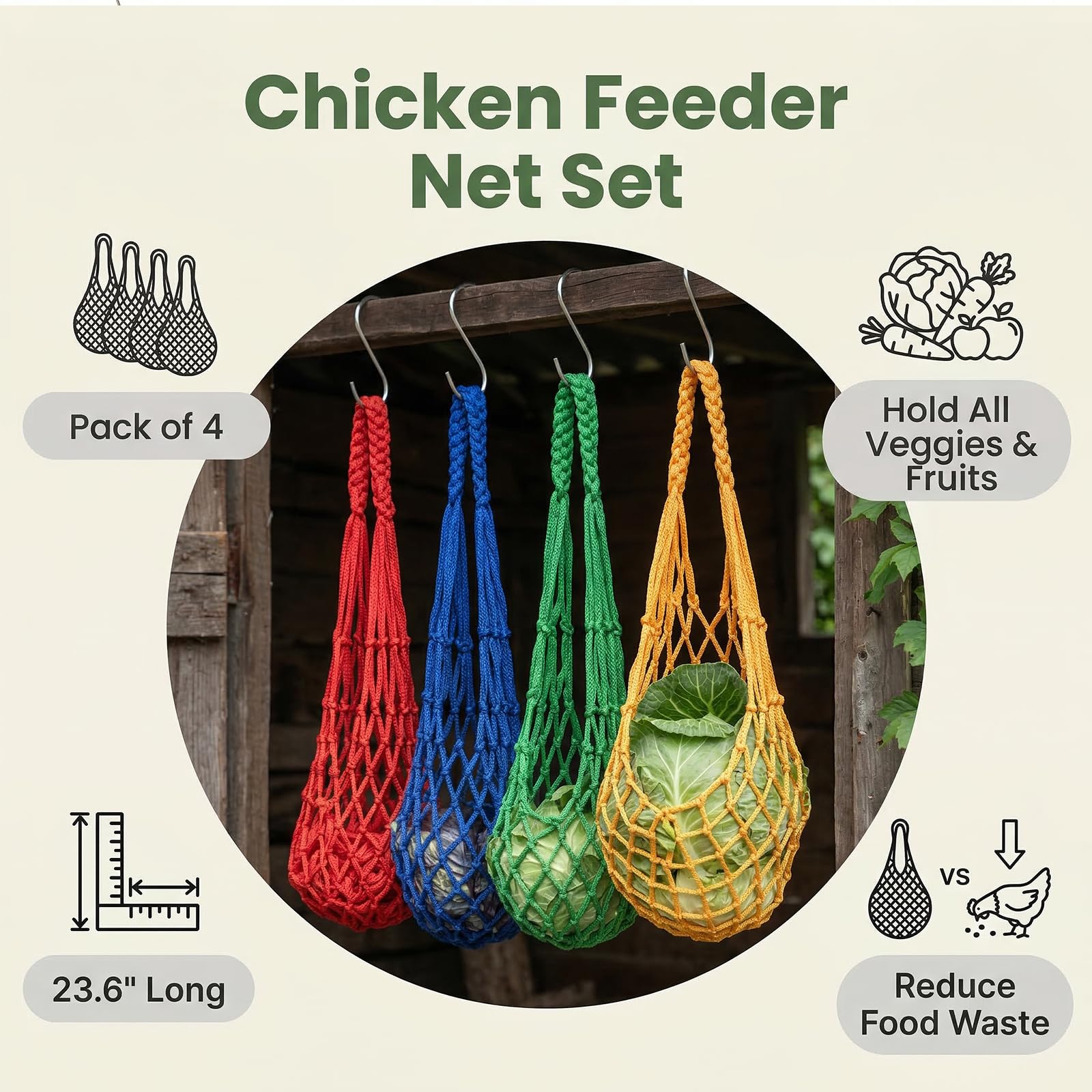 4 bolsas de comida colgantes para gallinas, patos y gansos con ganchos prácticos, accesorios y juguetes para aves de corral — view 2
