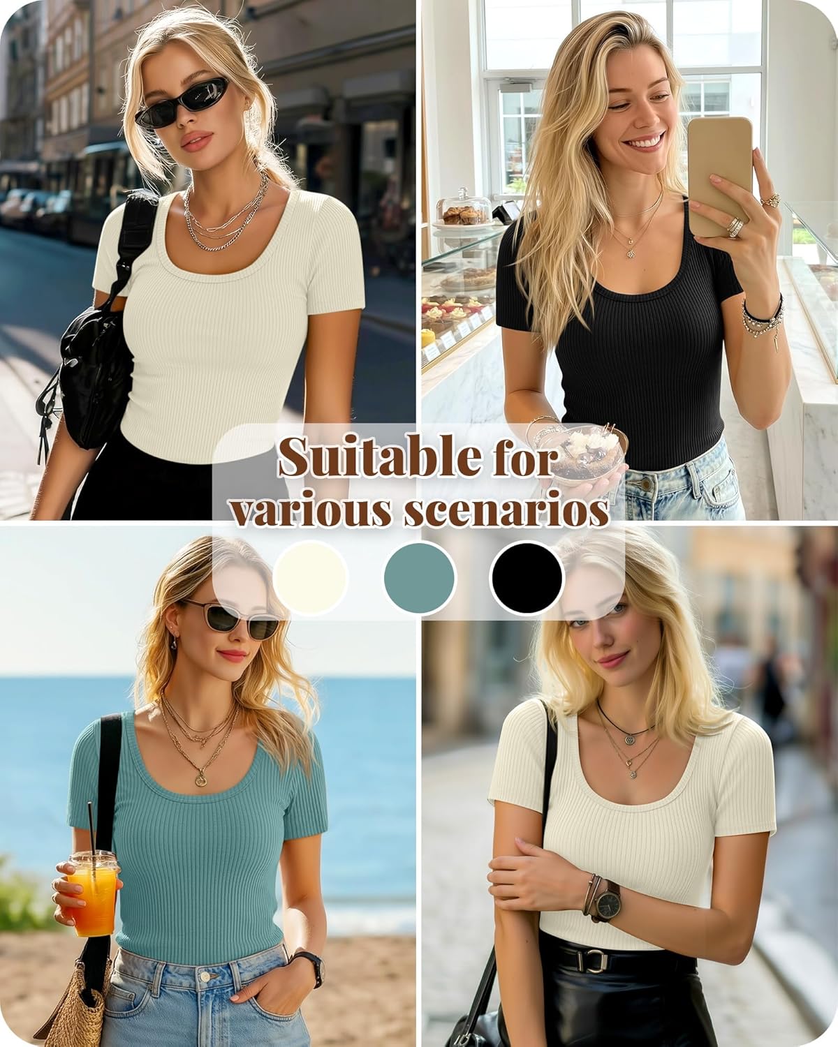 Neer 3 Pack Women's Ribbed Short Sleeve T-Shirts, Scoop Neck Knit Tops Slim Fit Summer Shirts Casual Trendy Basic Tee Blouses(Black, Teal, Cream White,L) - Image 2