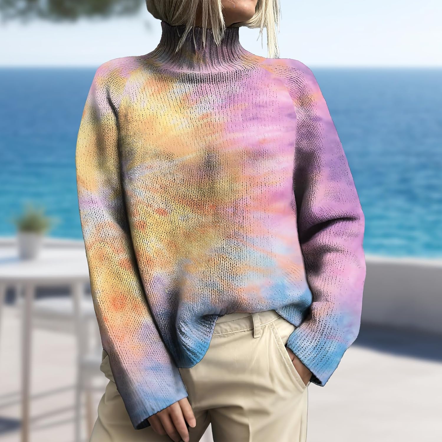 Floral Print Sweater for Women Loose Casual Long Sleeve Turtleneck Pullover Sweater Winter Chunky Jumper Tops - Image 2