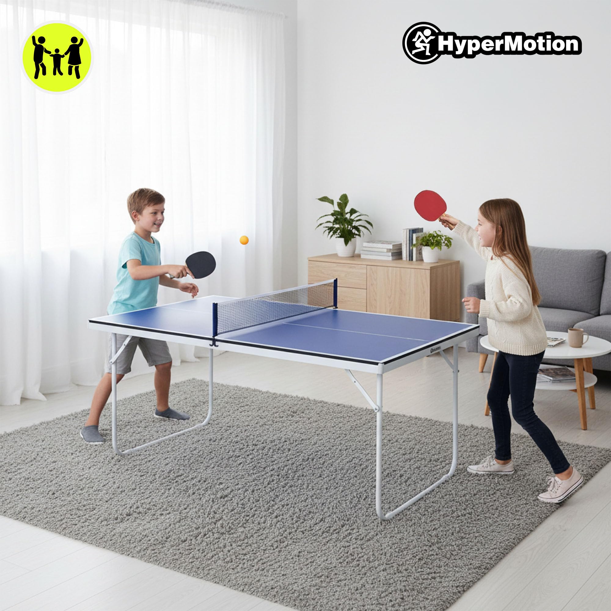 HyperMotion Mesa de Ping Pong Plegable para Casa, Mesa Compacta de Tenis de Mesa Indoor para Juego Recreativo, Diseño Ahorra Espacio con Red, 2 Palas y Pelotas, Mesa Familiar para Niños y Adultos