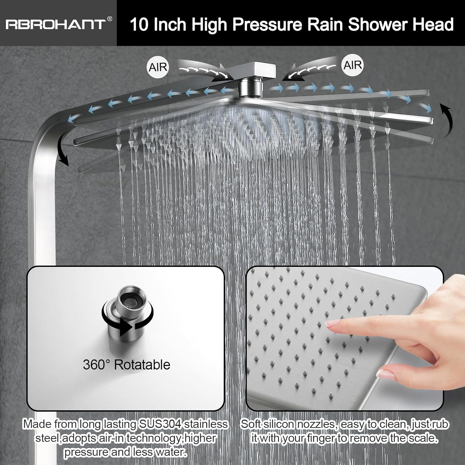 RBROHANT Brushed Nickel Exposed Shower System with Tub Spout, Exposed Shower Fixtures for Bathroom with Brass 3-Functional Valve, Shower Height Adjustable, Wall Mounted