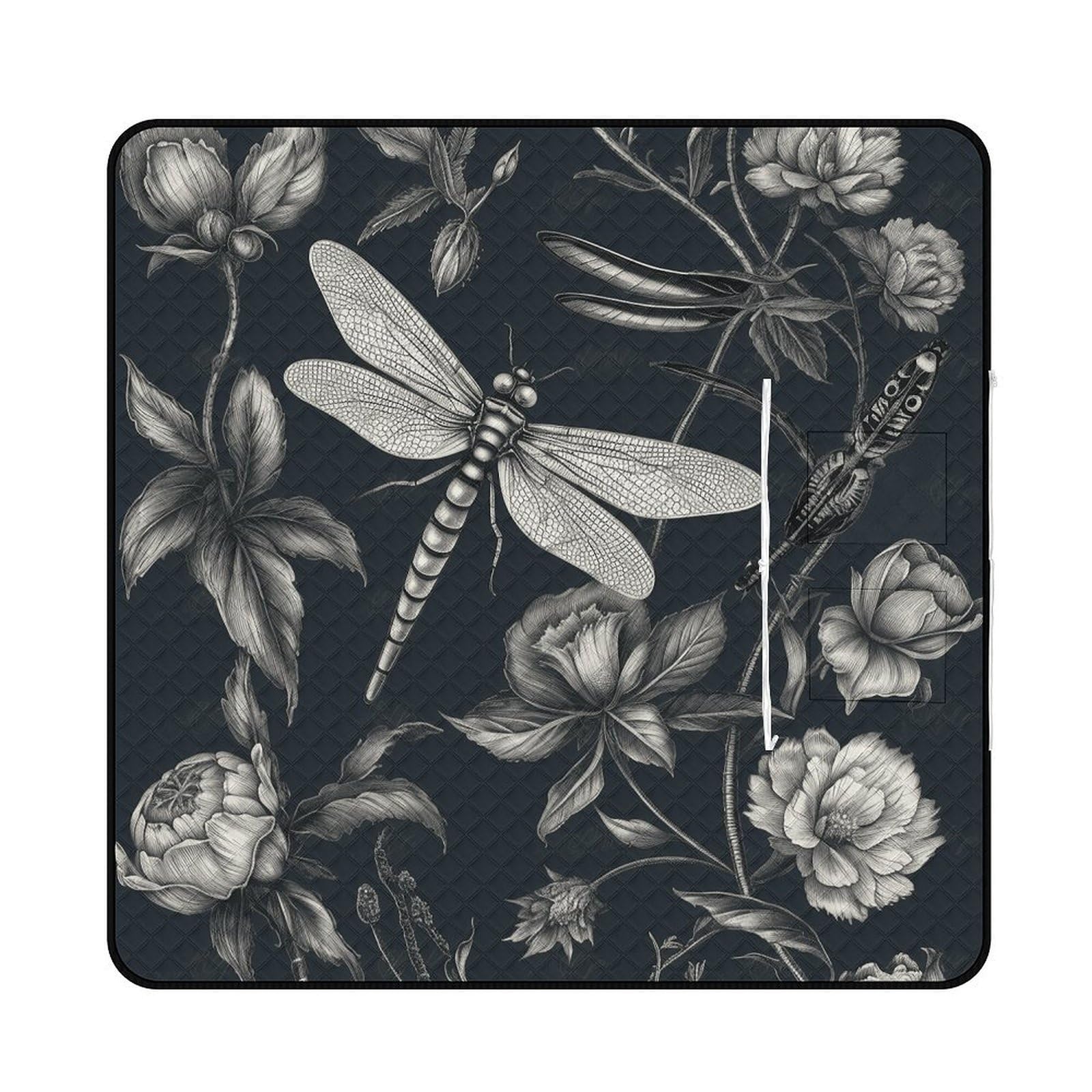 Black Flowers And Dragonfly Picnic Mat 200x200cm Extra Large Picnic Blanket with Zipper Waterproof Sandproof Beach Blanket Portable Beach Mat Foldable Camping Blankets for Park Grass Lawn Travel