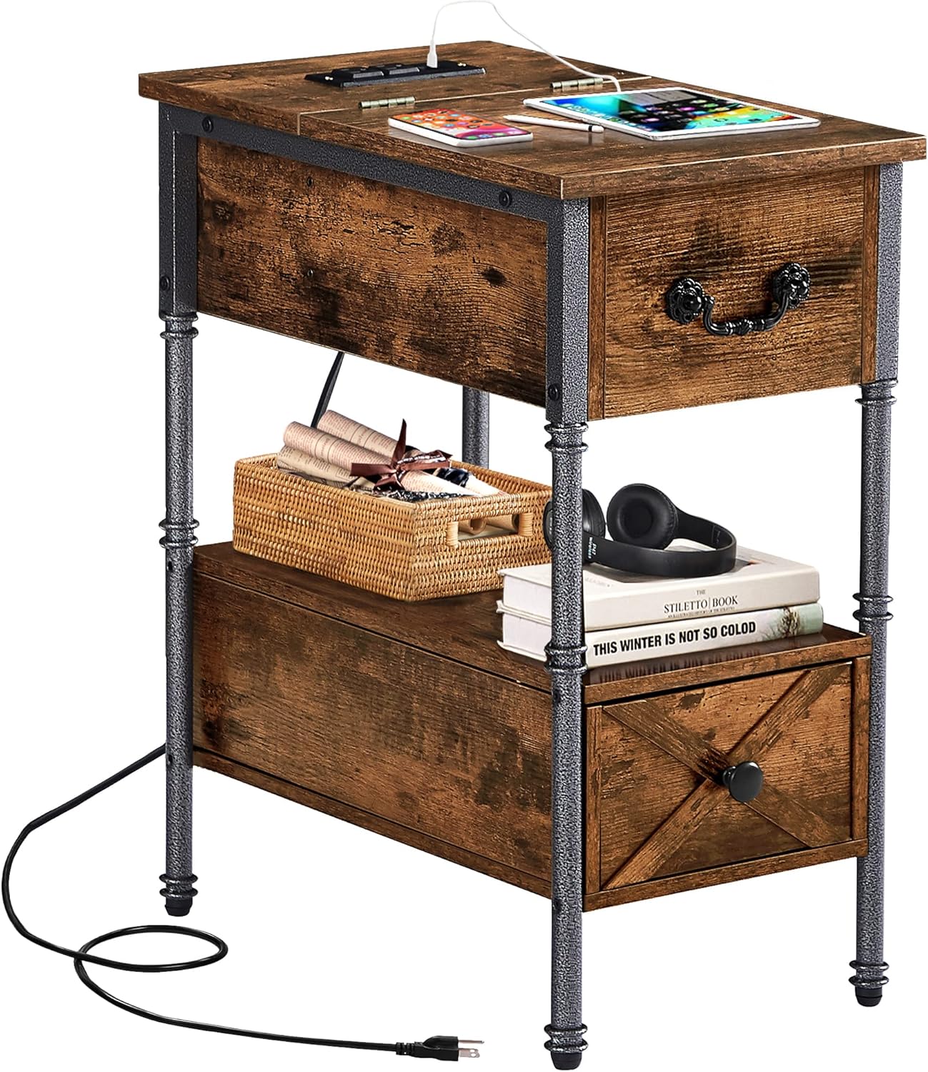 VECELO End Table with Charging Station,Narrow Flip Top Nightstand with USB Ports & Power Outlets Beside Furniture has Storage Shelf and Drawer for Living Room, Bedroom, 1 Set, Rustic Brown