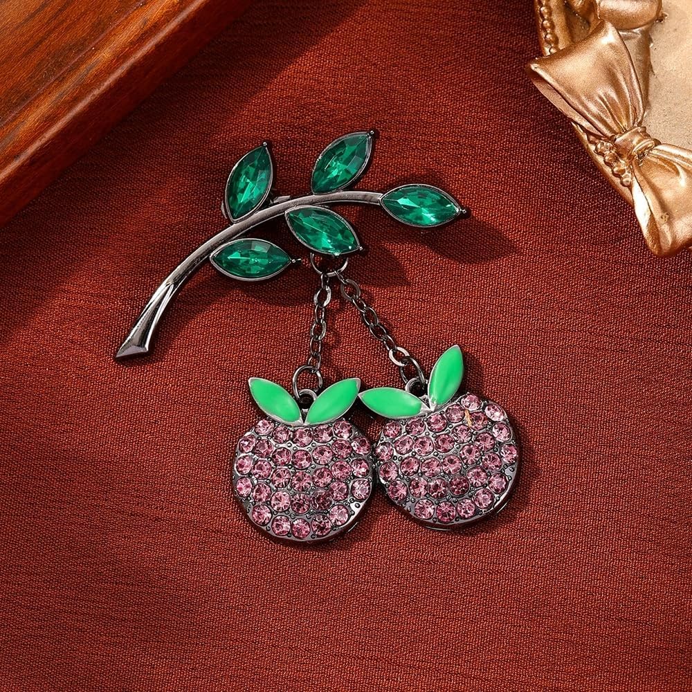 Rhinestone Cherry Leaf Brooch Pin for Women Black Plated Vintage Green Crystal Enamel Leaves Fruits Brooches Lapel Pins Cute Dress Accessories Jewelry Gifts image 3