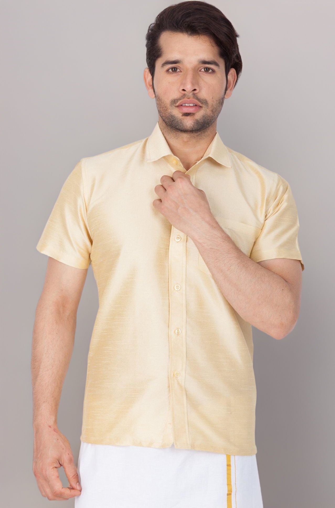 VASTRAMAY Men's Silk Blend Ethnic Shirt - Half Sleeves, South Indian Traditional Shirt for Weddings, Festivals, & Casual Wear