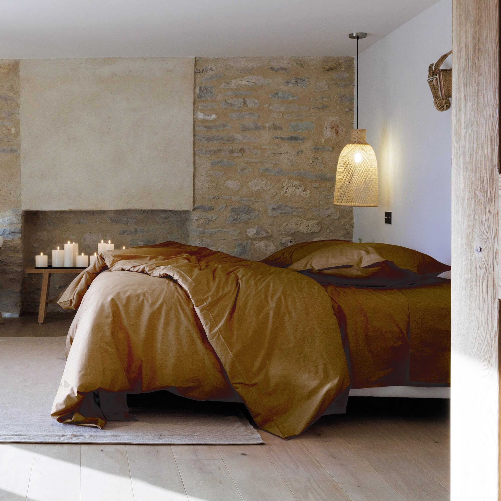 Linnea Housse de Couette uni 260x240 cm Percale de Coton MANOIR Marron Cognac