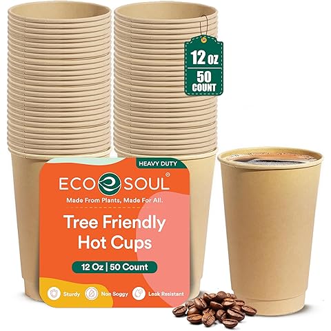 ECO SOUL 100% Compostable Plant-Based 12oz Hot Cups | (50 Count, 12 oz Hot Cups) | Disposable Bagasse Paper Cups | Eco-friendly Cups | Sturdy, Microwave & Oven Safe