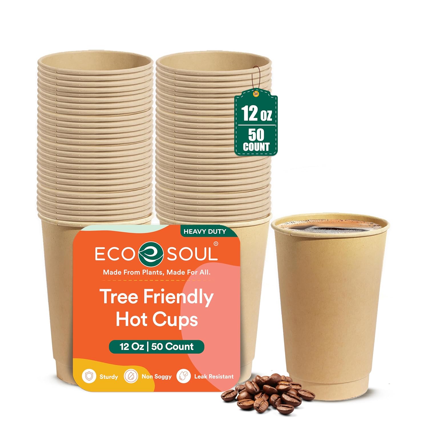 ECO SOUL 50 Pack 12 oz Disposable Coffee Cups Eco-Friendly Biodegradable Compostable Leak-free Sturdy To Go Hot Drink
