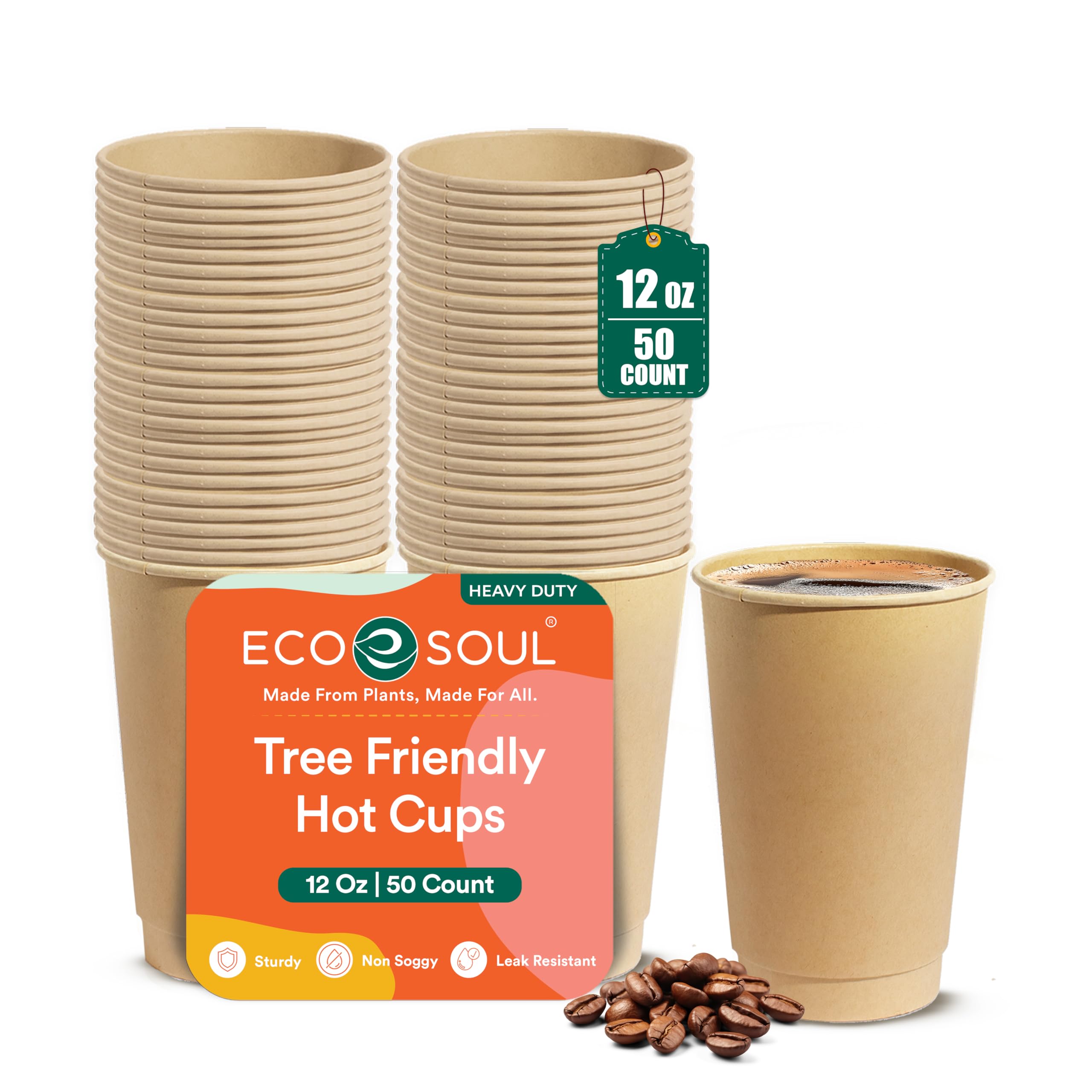 ECO SOUL 50 Pack 12 oz Disposable Coffee Cups Eco-Friendly, Biodegradable, Compostable, Leak-free & Sturdy To Go Hot Drink Travel Bagasse Cup for Tea,