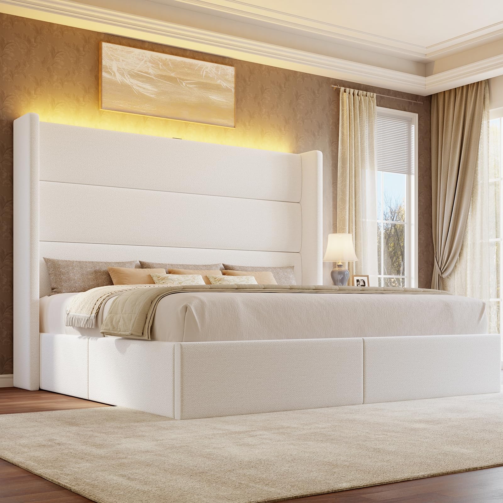 Photo 1 of ***PARTIAL SET BOX 2 OUT OF 2***


King Size Bed Frame with Storage, 55" Tall Wingback Headboard, Cream White