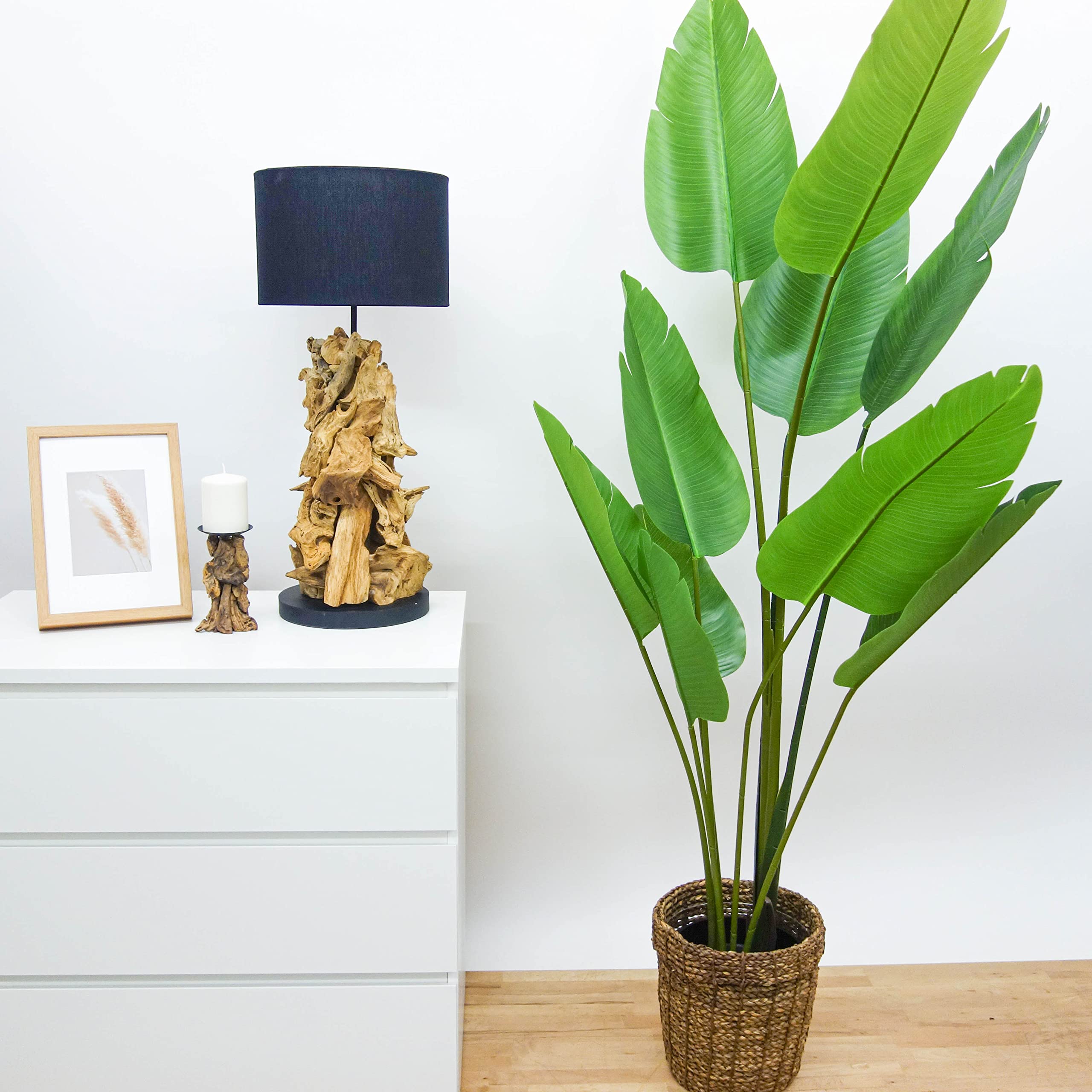 AquaOne Lámpara natural I de madera, lámpara de pie, lámpara de mesa de madera natural, rústica, decoración de muebles de madera, lámpara de pie, hecha a mano con raíz única, pantalla en negro (Tokio)