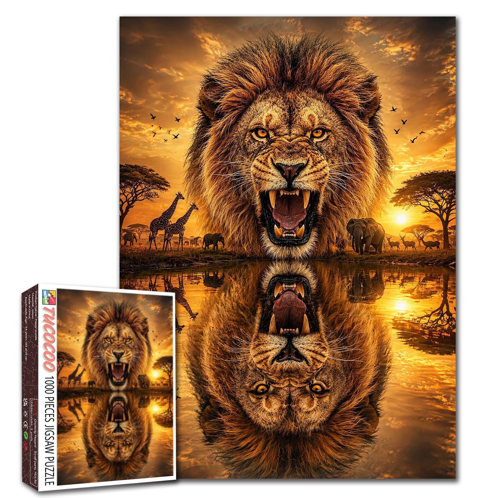 Roaring Lion Puzzle Lion Reflection Sunset Animal Jigsaw Epic Wildlife 1000 Pieces Puzzles for Adults Beginner Challenging Family Activity Games DIY Crafts Puzzle for Home Decor Gifts