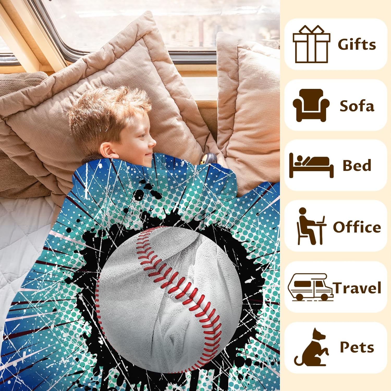 Personalized Baseball Blanket Gifts - 60x80 Inches Sports Throw Blanket for Baseball Lover Baseball Players Team Boys Men - Blue Print Soft Fuzzy Blankets for Couch Sofa Bed - Baseball Bedding