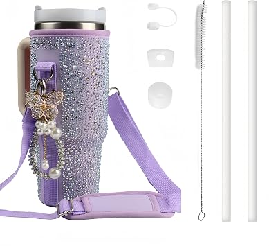 Water Bottle Carrier Bag for Stanley 40oz Tumbler - Stanley Cup Belt Bag with Adjustable Strap, Straw Cover & Pearl Bracelet - Stanley Cup AccessoriesPurple Diamond Pro