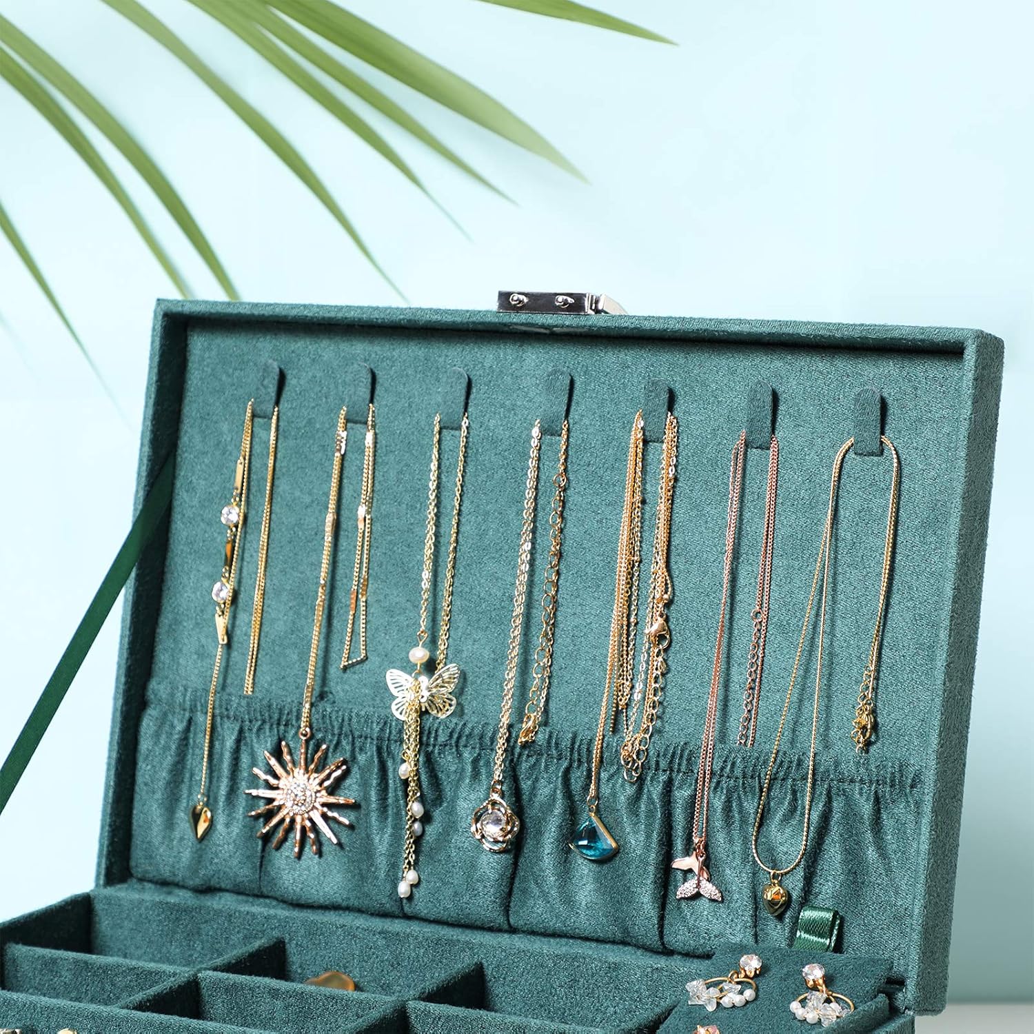 SONGMICS 2-Tier Jewelry Case with Drawer, Key, Necklace Hooks, Ring Rolls, Stud Panel, Storage Slots, Green: Furniture & Decor