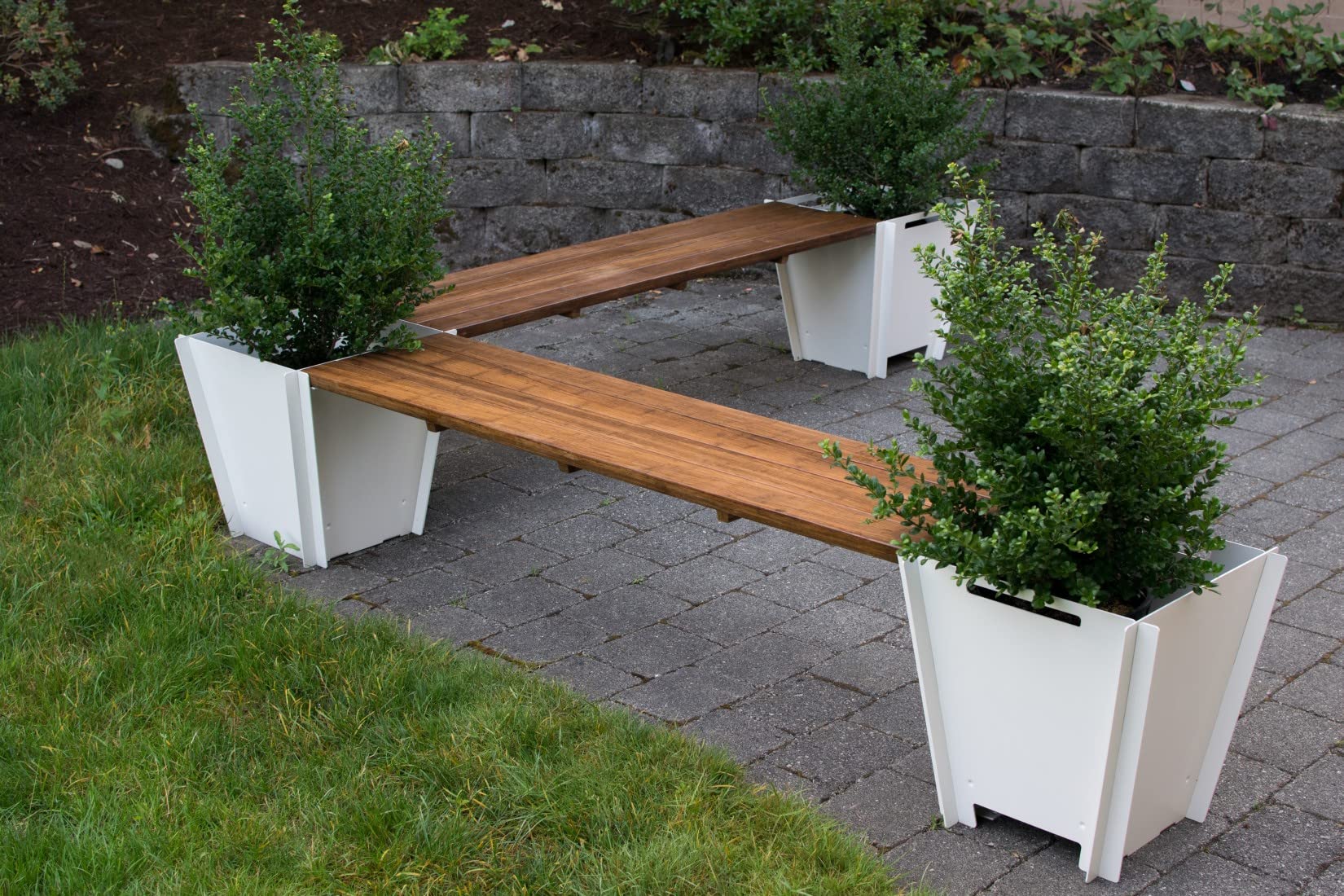 Groovebox Eckbank mit 3 Pflanzkästen aus Stahl, braun, Bambus Sitzbank mit Pflanzkübel, Ecksitzbank, Gartenbank, Holzbank, Parkbank, Gartensitzbank, Blumenkasten, Blumenkübel