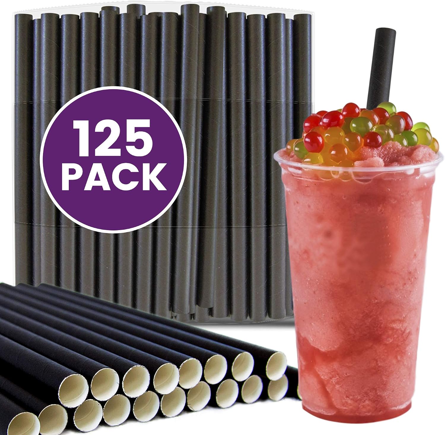 [125 Pack] Bubble Tea Straws 8.5 Inch Long - Black Wide Disposable Paper Drinking Straws, Biodegradable Compostable Eco-friendly Plastic Alternative, for Hot Cold Boba Pearl Milkshake Coffee Smoothie
