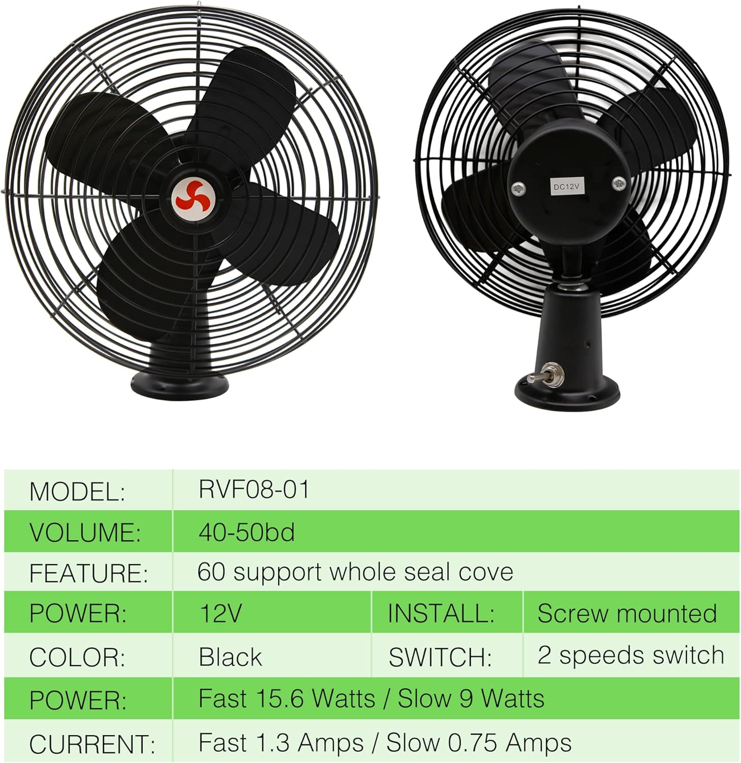12V RV Cooling Fan with 2-Speed Switch, 8.75-Inch Heavy Duty Black Metal Fan, 12Volts Car Fan, use for Auto, Truck, RV, Car, Boat, and Buses