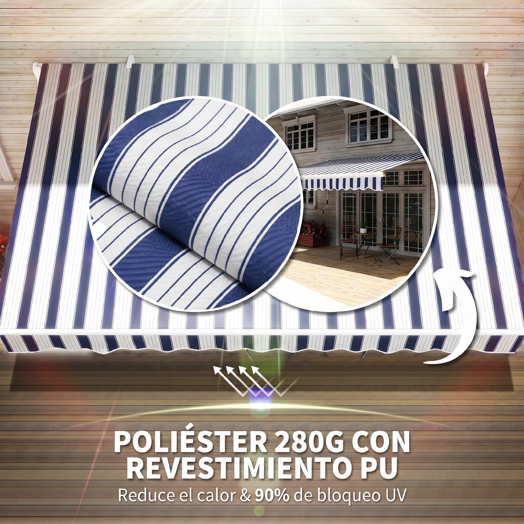 Outsunny Tenda manuale retrattile, 395 x 245 cm, tenda da sole esterna con angolo regolabile, braccio articolato, montaggio a parete, struttura in alluminio, anti-UV e impermeabile, per giardino, blu