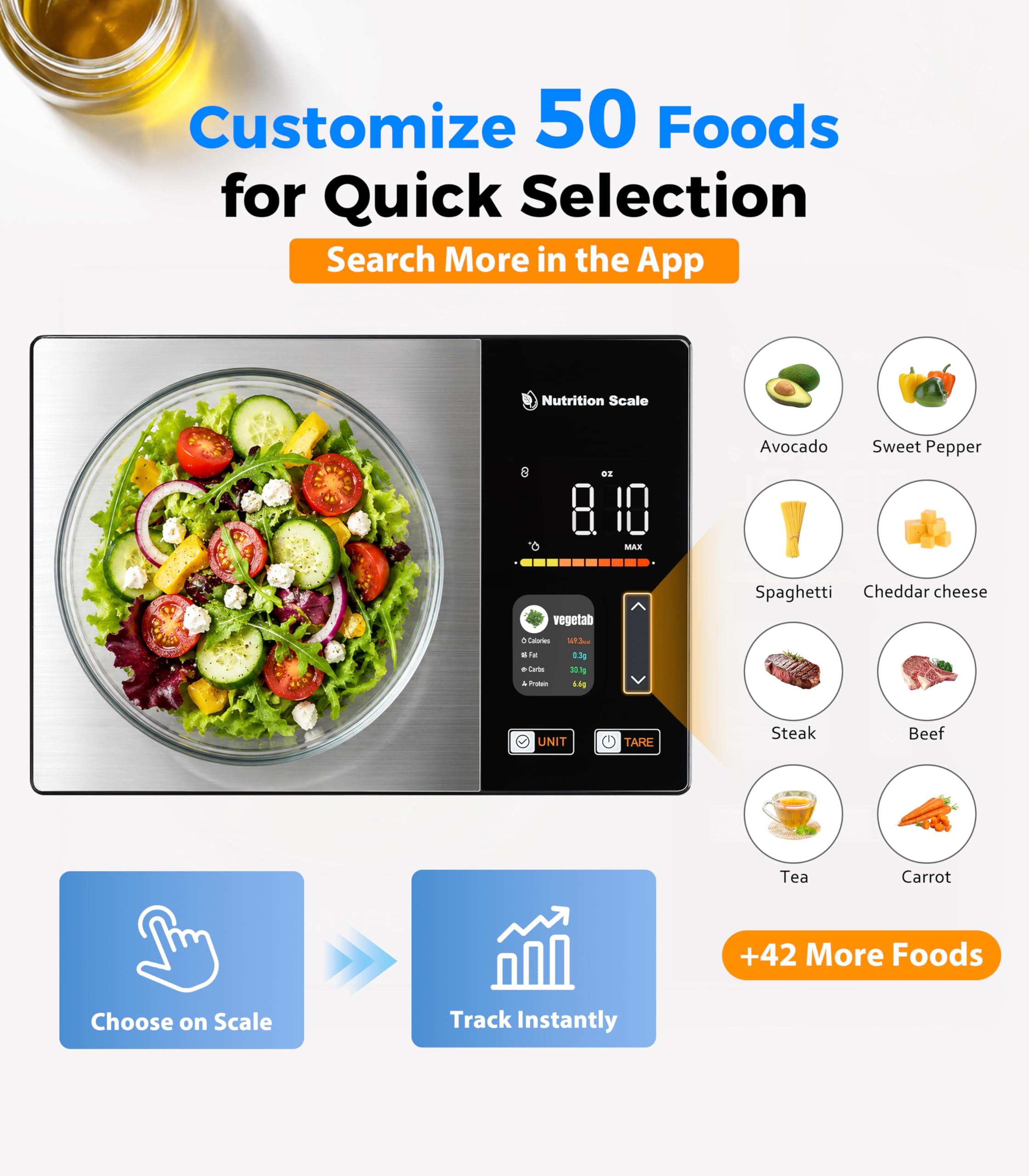 Bilancia intelligente per alimenti con calcolatrice nutrizionale, bilancia calorie per dimagrire, selezione rapida degli alimenti e monitoraggio dei 23 nutrienti, display a colori con 5 unità