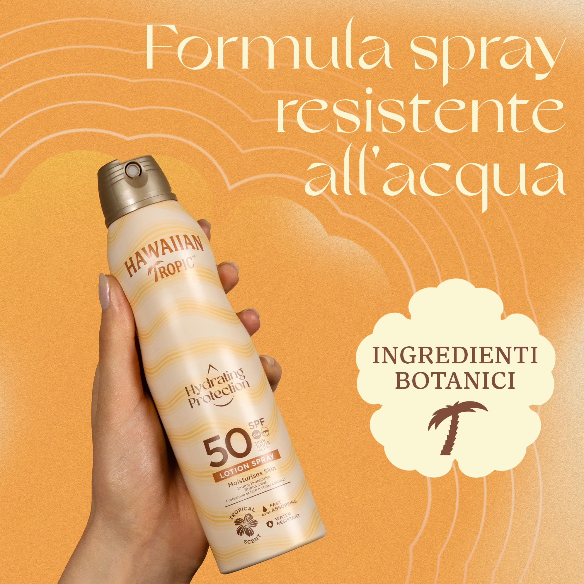 Hawaiian Tropic Spray Solare Protettivo Idratante, Protezione SPF 50 UVA e UVB Resistente all'Acqua, Profumo Tropicale, Lozione Solare, 220 ml