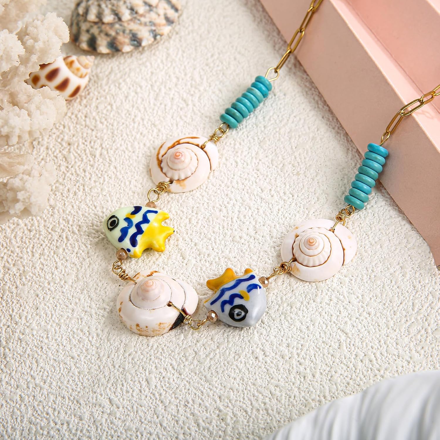 Delicate Seashell Charms Stainless Steel Necklace for Women, Gold Chain with Tropical Fish, Starfish, Conch Cute Summber Beach Jewelry - Image 4