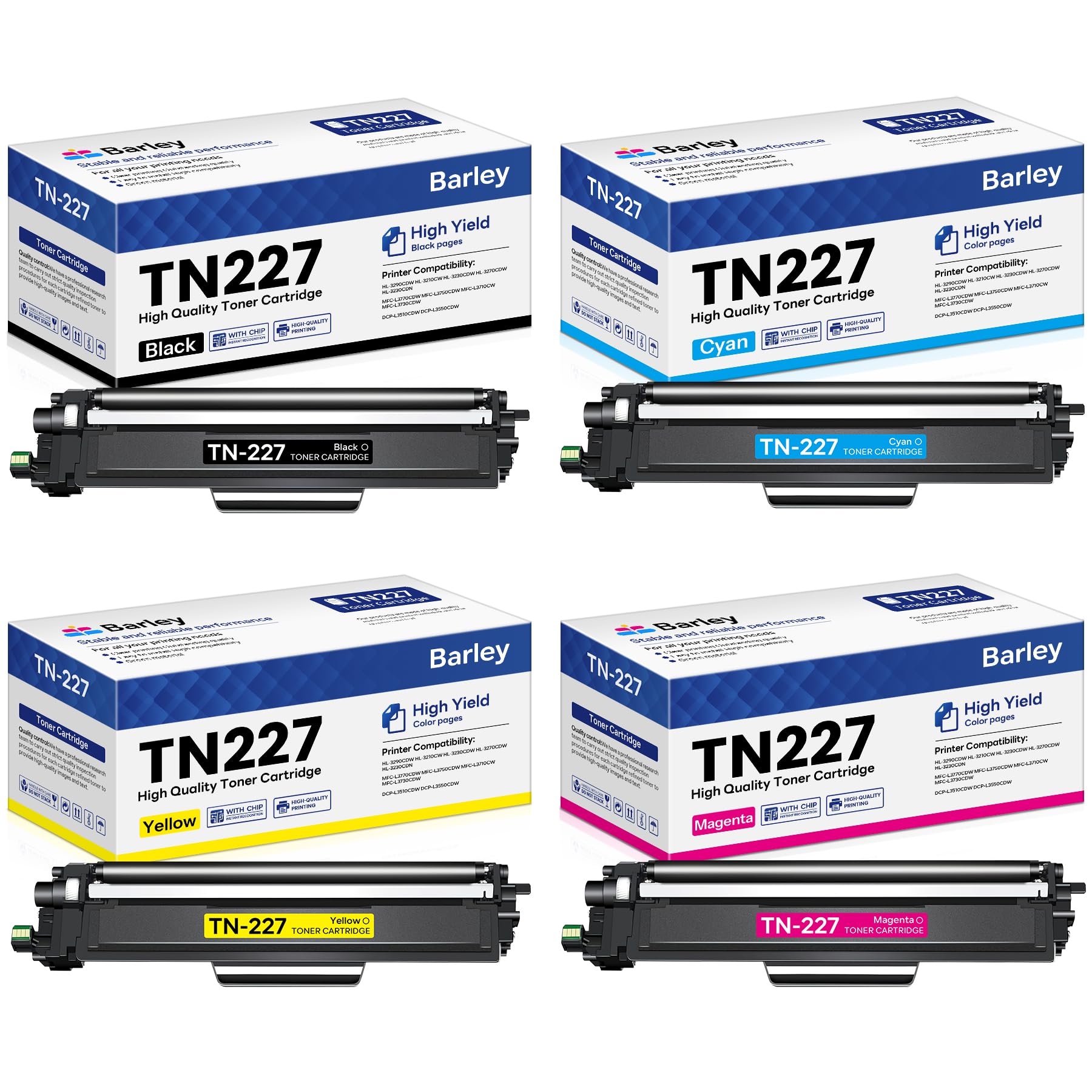 Photo 1 of TN227 TN-227BK/C/M/Y High Yield Toner Cartridge 4 Pack Compatible TN227BK TN227C TN227M TN227Y Replacement for Brother TN227 TN-227 MFC-L3770CDW MFC-L3710CW Toner Printer