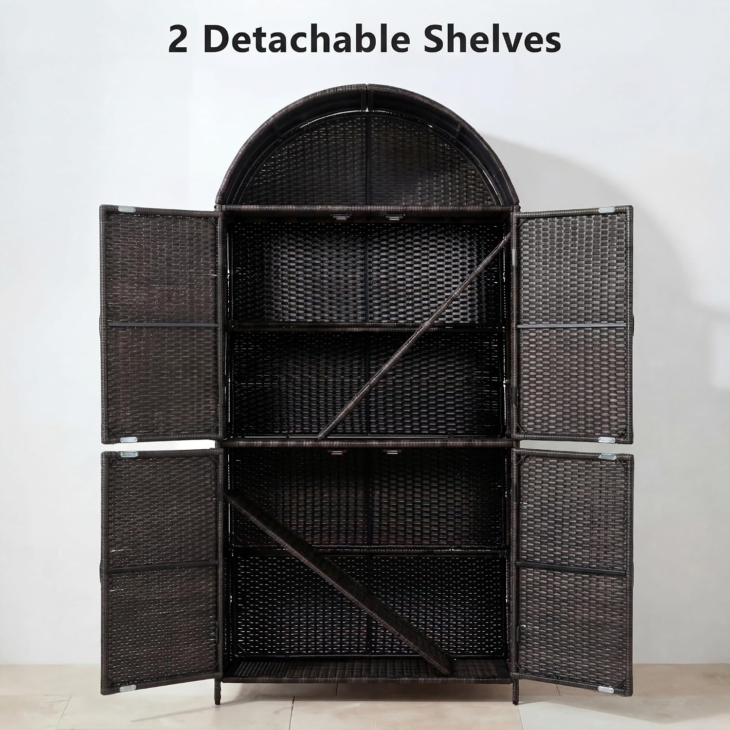 72" Tall Arched Wicker Outdoor Storage Shed with Adjustable Shelves, 4-Door Patio Organizer for Pool & Garden (Brown+Black15)