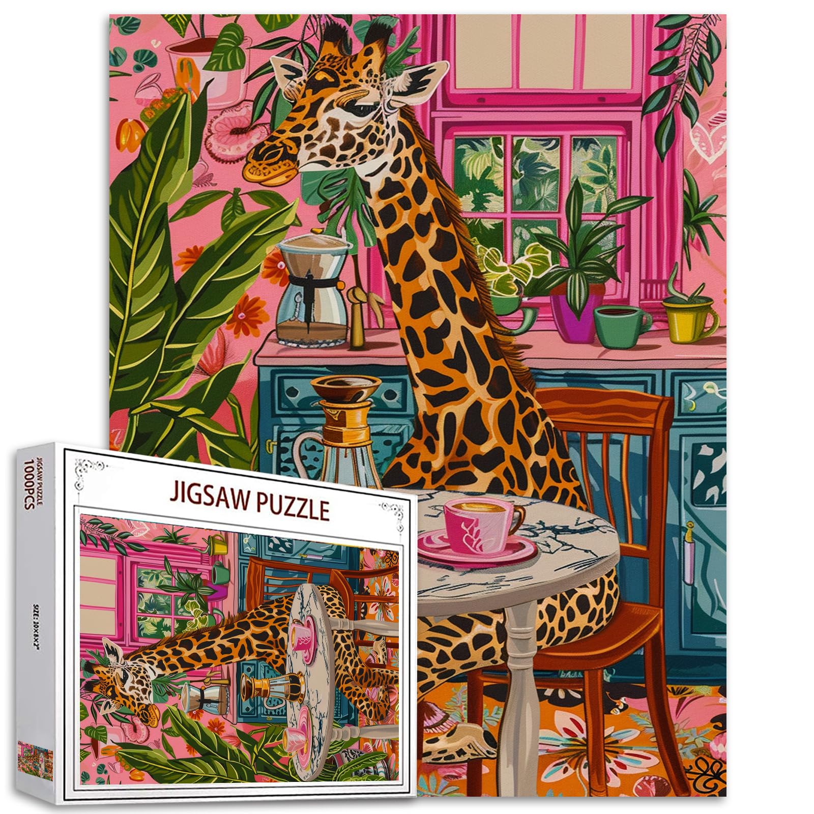 Animal/Wildlife 1000 Piece Jigsaw Puzzles for Adults Cute Giraffe Painting Jigsaw Puzzle Tropical Homeplants 1000 Pieces Puzzles Game Home Wall Decor