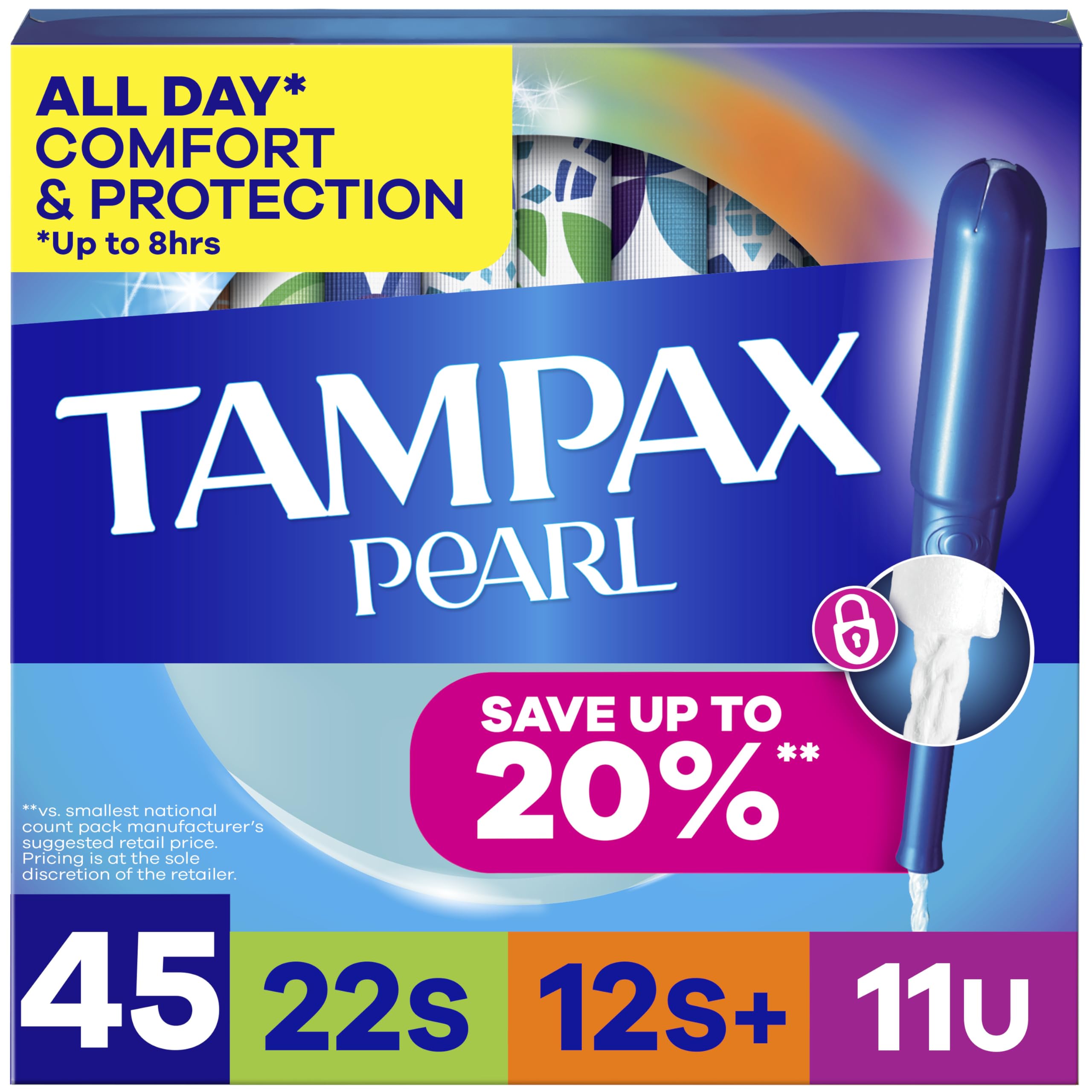 Tampax Pearl Tampons Multipack, with LeakGuard Braid, Super/Super Plus/Ultra Absorbency, Up to 100% Leak and Odor Free Protection, Unscented, 45 Count