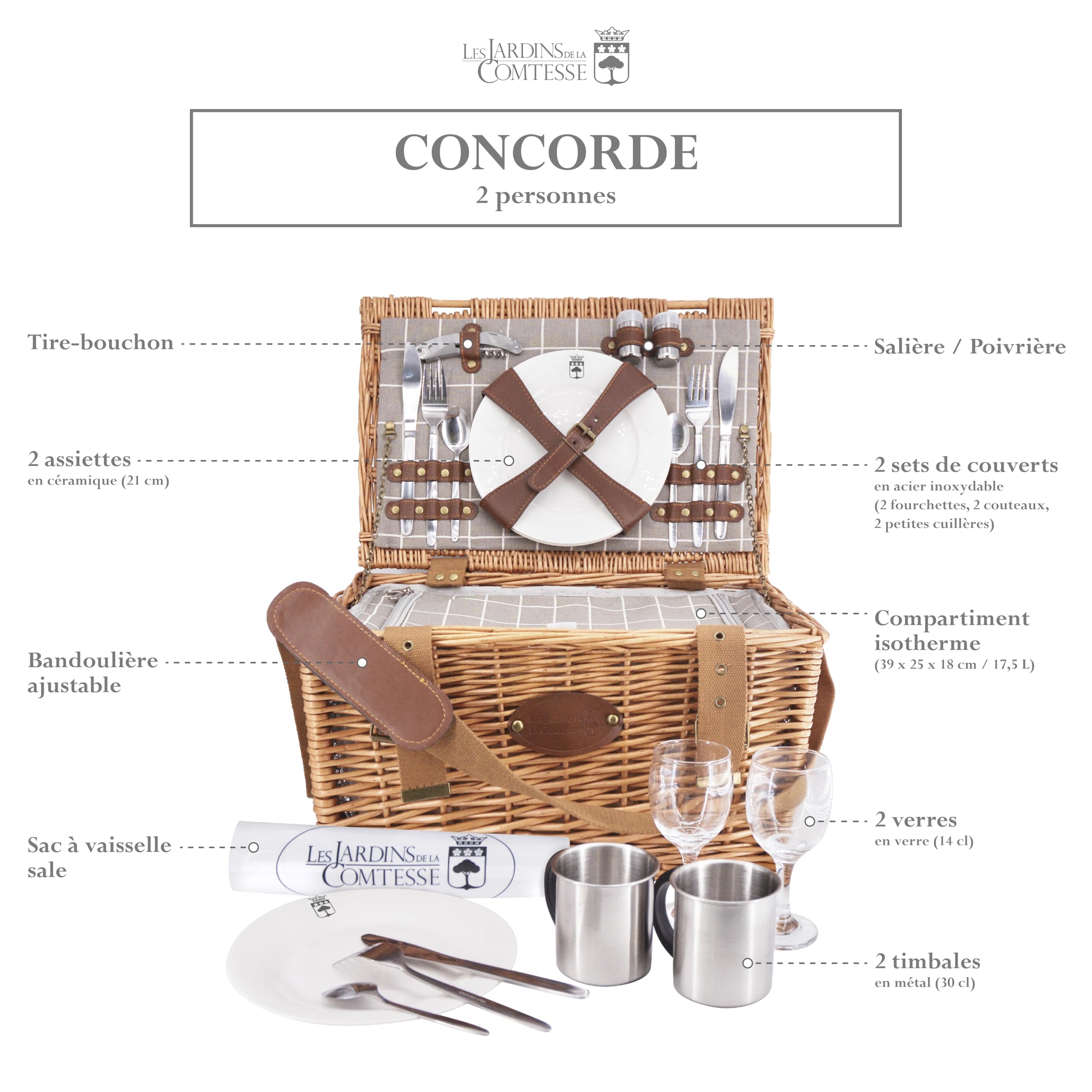 Les Jardins de la Comtesse – Cesta Picnic de Mimbre Concorde – 2 Personas/Nevera isotérmica, Platos, Copas de Vino/Tazas de Metal – Tejido Color Blanco y Gris – 42 x 30 x 23 cm