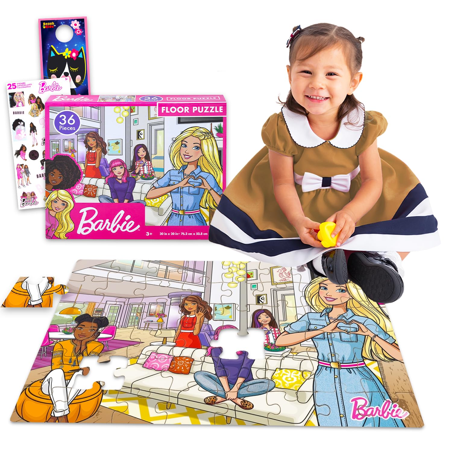 Barbie Bodenpuzzle für Mädchen – Bündel mit 36 Teilen Barbie und Freunden, Bodenpuzzle plus Aufklebern, mehr | Barbie Spielzeug und Spiele für Kleinkinder, Kinder