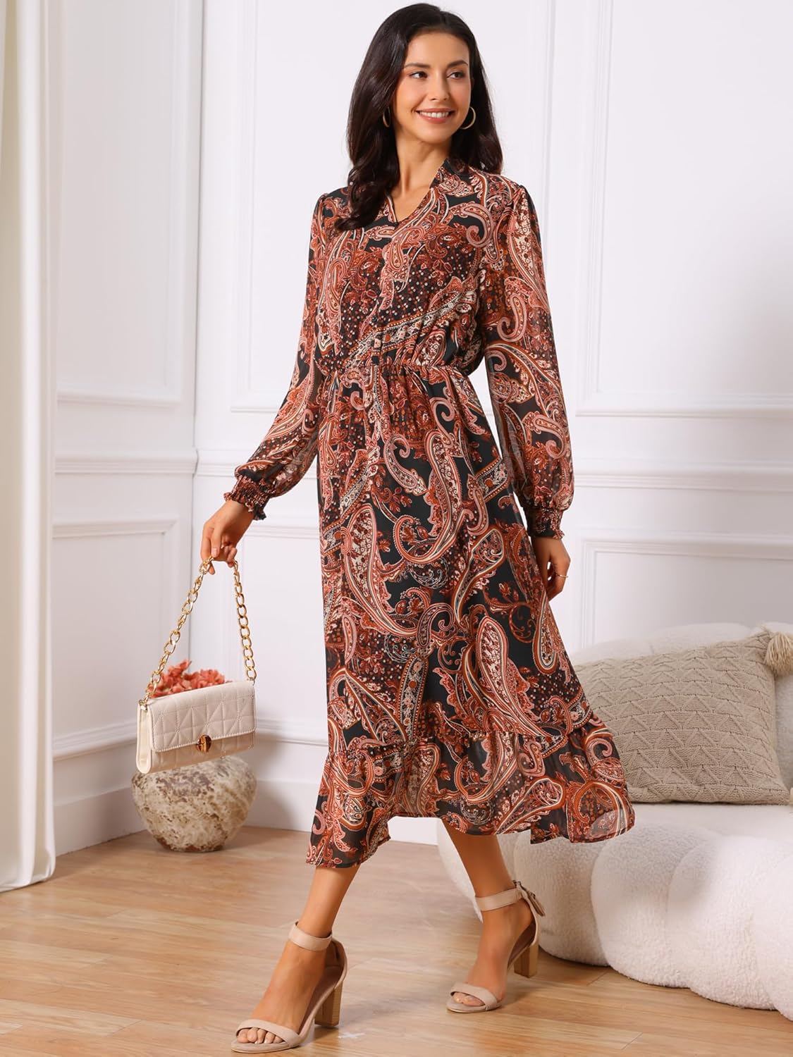 Seta T Women's Boho Dresses V Neck Long Sleeve Smocked Cuff A-Line Floral Tiered Flowy Fall Midi Dresses - Image 3