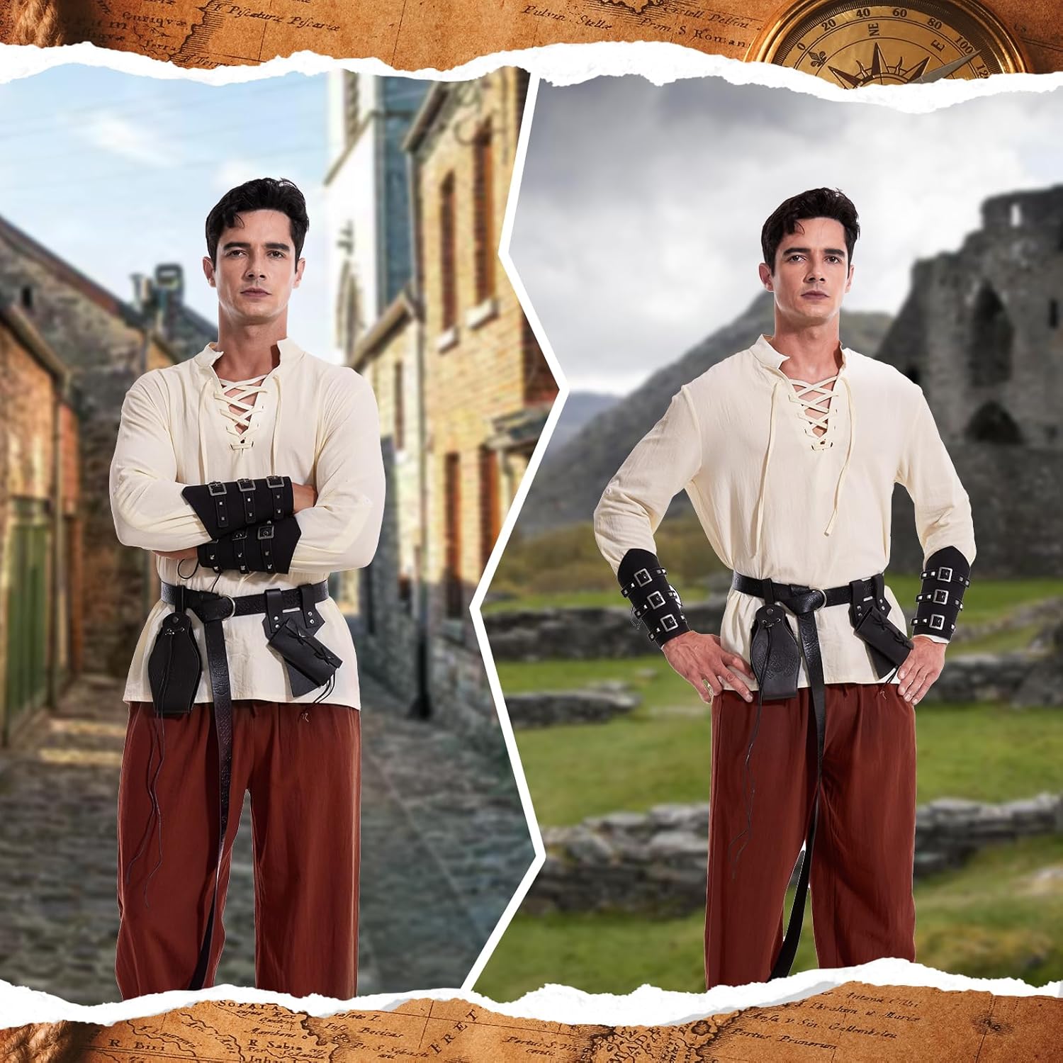 7 Pcs Men's Renaissance Costume Medieval Pirate Shirt Ankle Banded Pants Viking Costume Accessories Set - Image 6