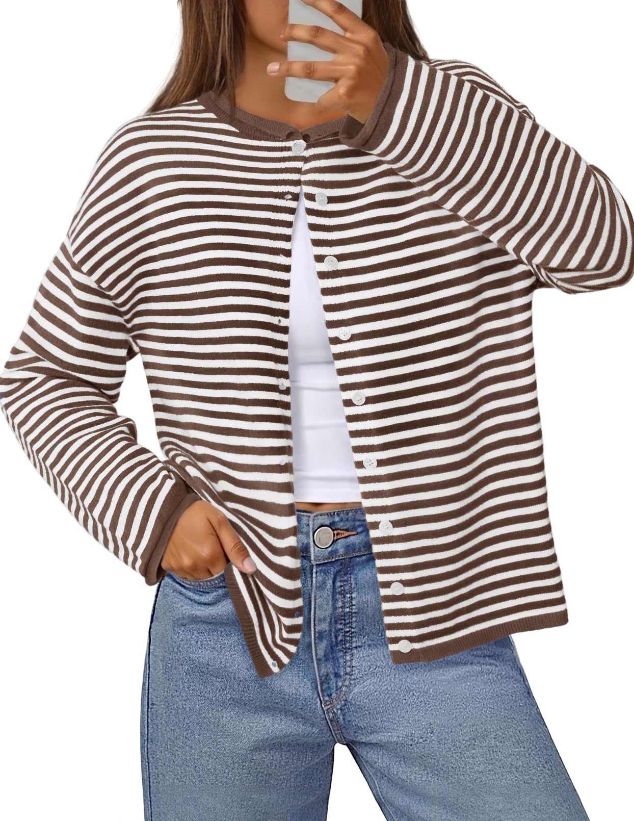 MEROKEETY Womens Striped Cardigan Sweaters 2025 Fall Long Sleeve Button Lightweight Loose Knit Sweaters Clothes