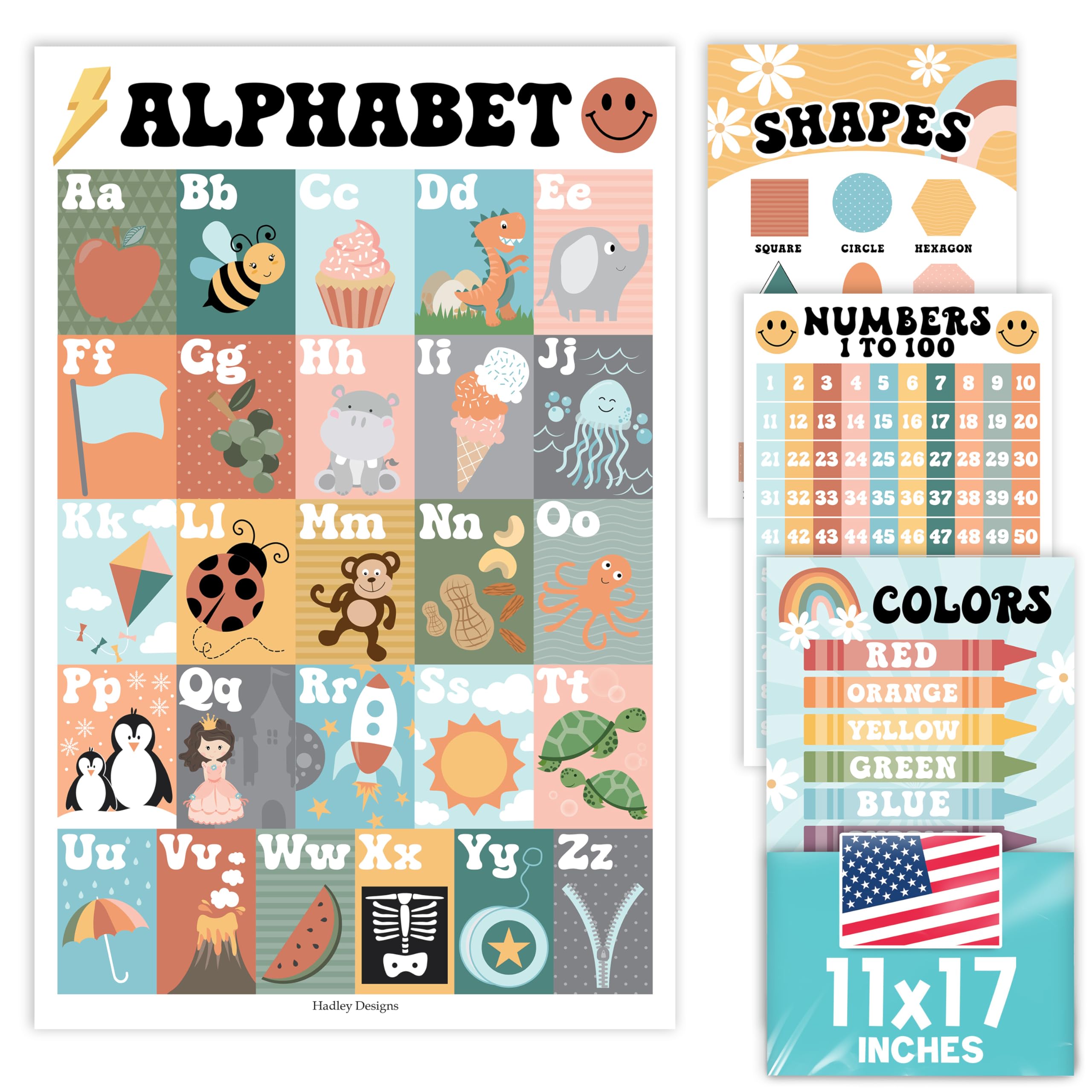 4 Retro Pre K & Kindergarten Homeschool Supplies - ABC Chart For Wall For Toddlers, Number Chart 1-100 For Kids For Wall, Color Posters For Classroom Posters Preschool, Preschool Learning Posters…