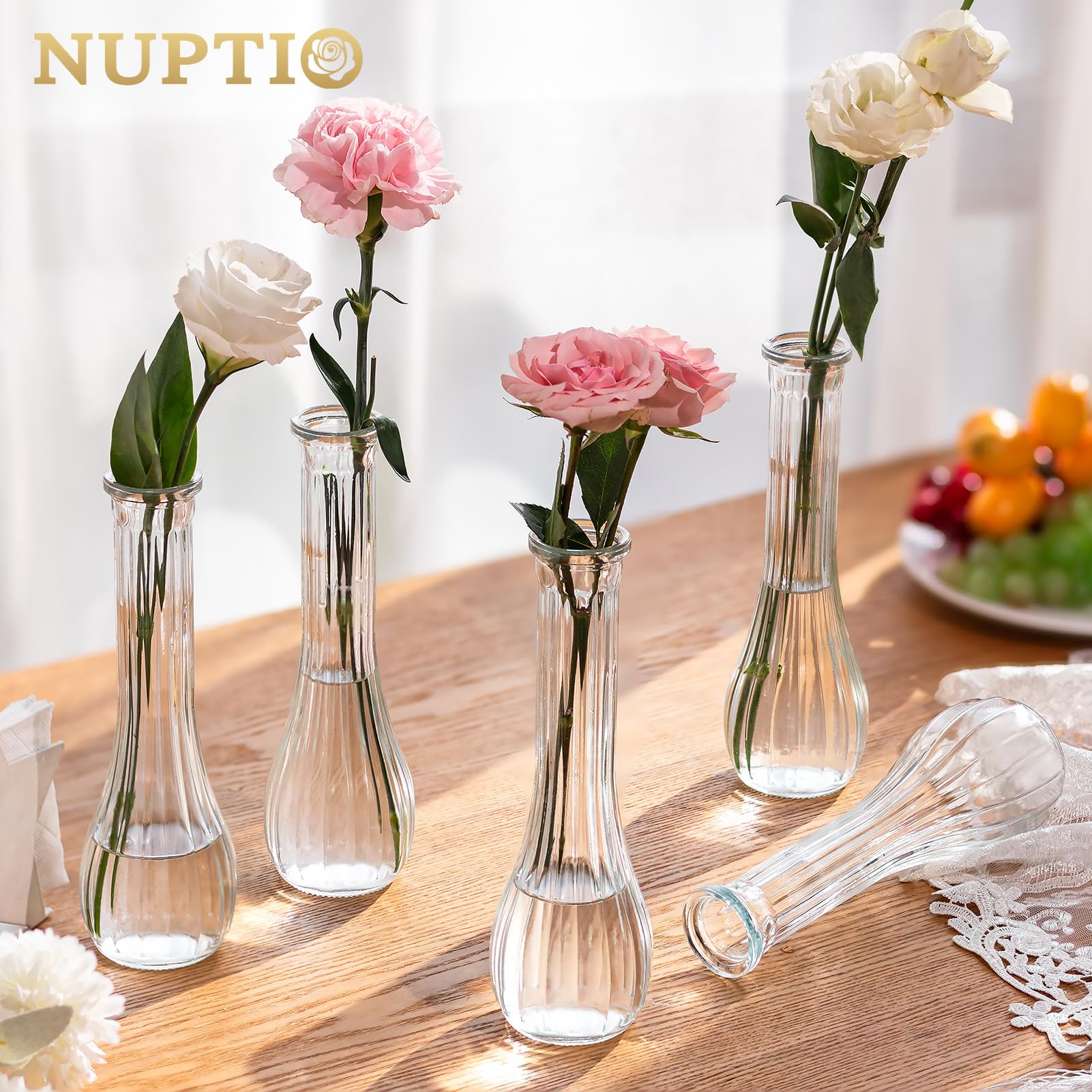 NUPTIO Floreros de Cristal para Flores de Boda: 12 Piezas 21,7cm Alto Florero Pequeño para de Centro de Mesa - Florero Decorativo Estriado para Fiesta Inauguración Casa Decoración