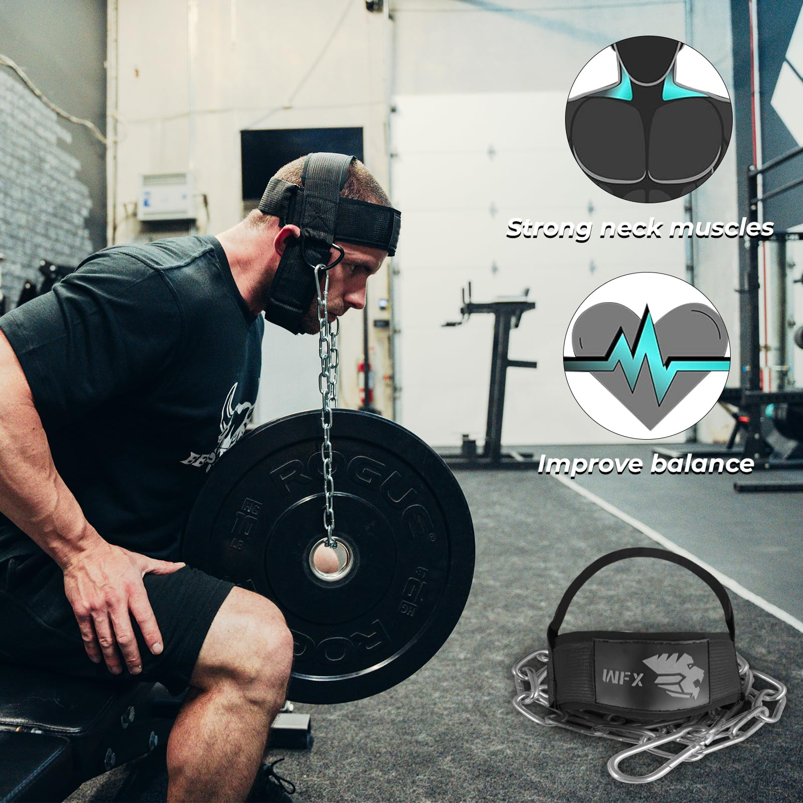WFX Imbracatura per la testa Collo Immersione Heavy Duty Lunga Catena in Acciaio Regolabile Fitness Collo Harness Sollevamento Pesi Cinghia Imbottita In Neoprene Allenamento Resistenza Allenamento