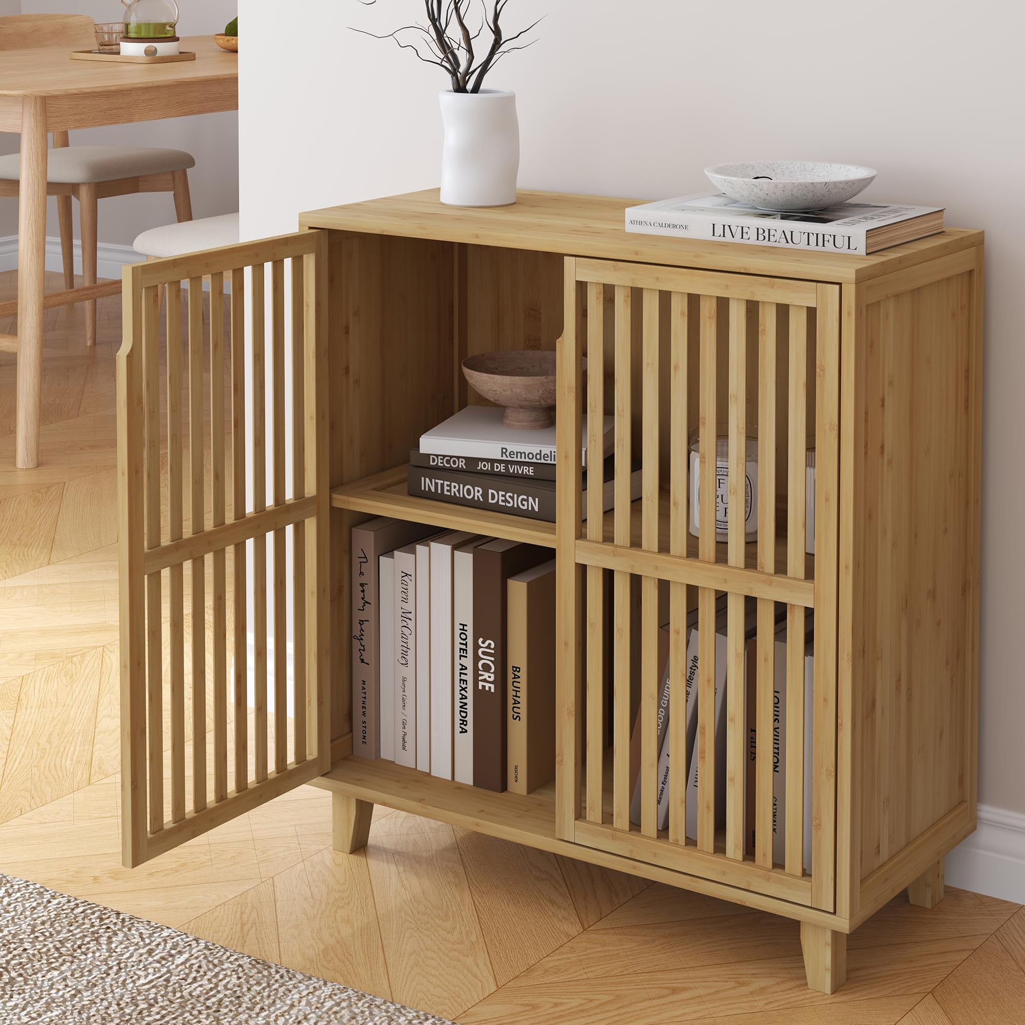 [en.casa] Mobile Contenitore Multifunzionale Armadio a 2 Ante Credenza con 2 Scomparti Vani Portaoggetti per Soggiorno Camera da Letto Bagno 77 x 72 x 33 cm in Bambù Naturale