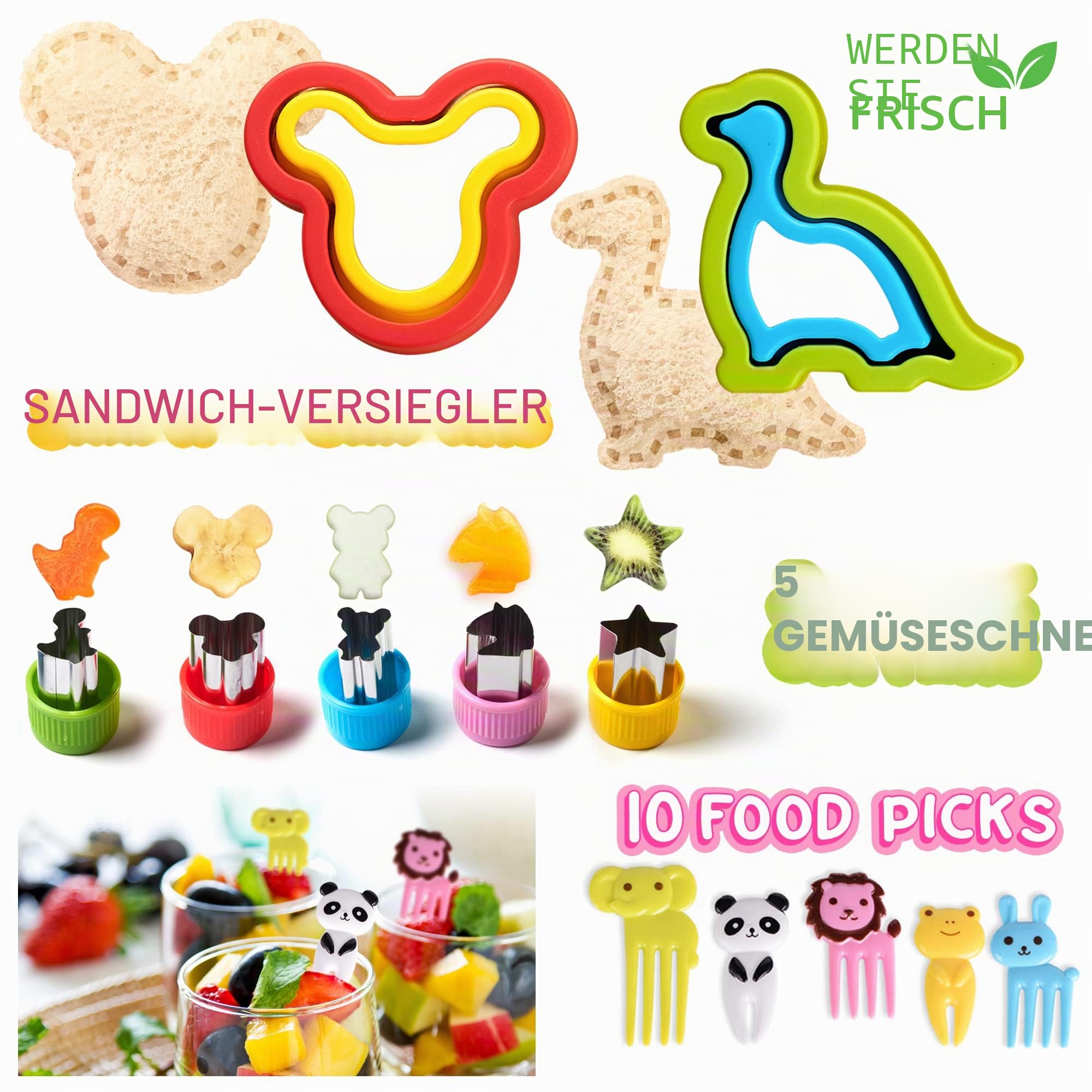 GET FRESH Sandwichschneider und Versiegler für Kinder -17 Stück Kinder Edelstahl Decruster Sandwich Ausstecher Gemüseschneider - Dino Metall Brotschneider und 5 Gemüseformen mit 10 Tiere Zahnstocher