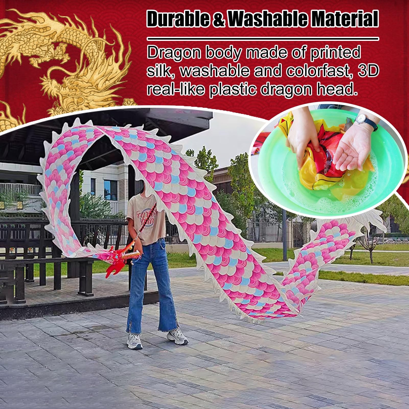 ROYUMI Cerf Volant Petit Poi de Dragon Nuage Magique Rose, Ruban de Soie Lavable Extérieur 2m / 3m / 5m pour Enfants, Petite Banderole de Dragon à Lancer avec Écailles de Dragon (Size : 2 m (6.6 ft))