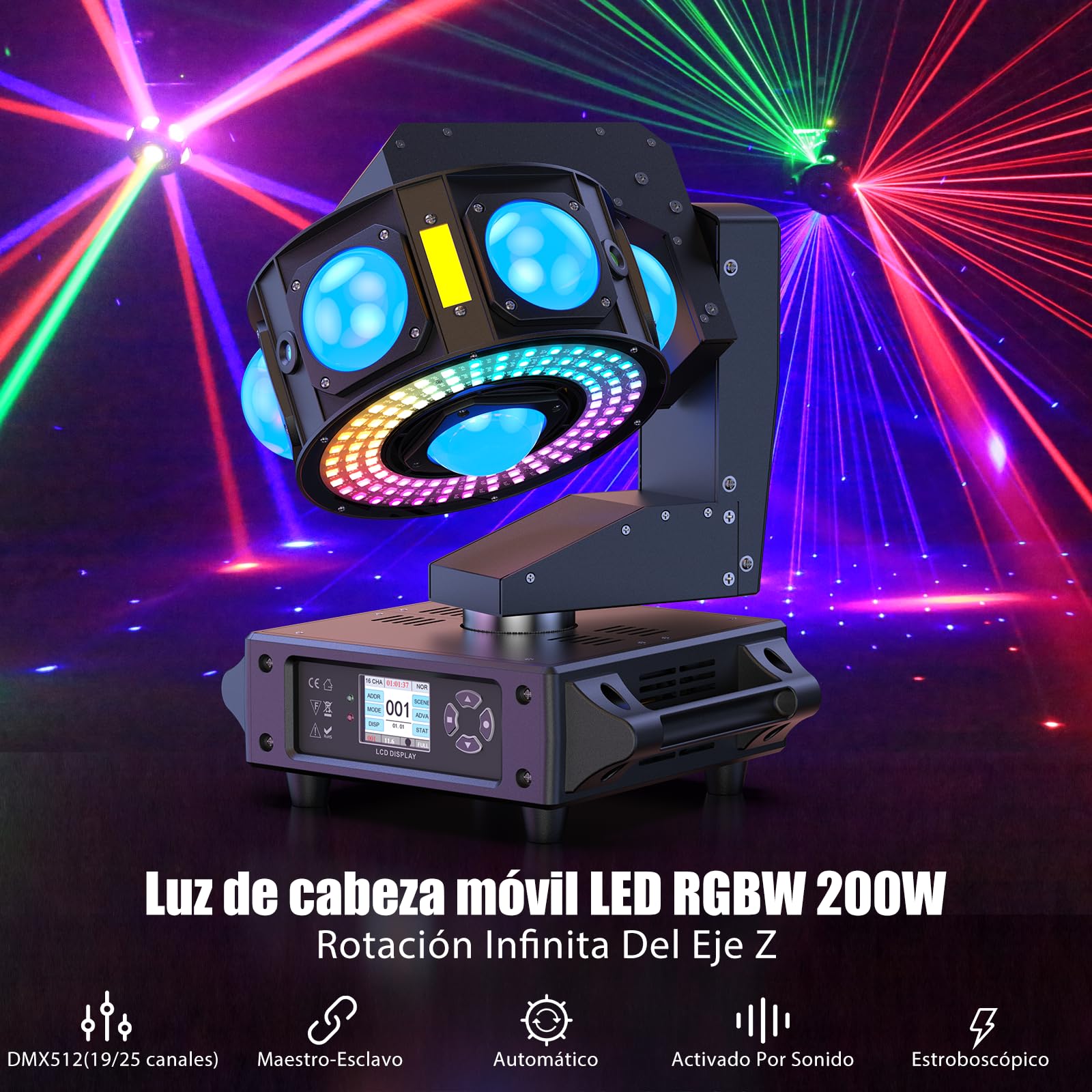 200W Teste Mobili Luci LED RGBW Discoteca Luci 3 assi Rotazione infinita Faretto Moving Head Stroboscopica per Natale Spettacolo Bar Club Festa Palcoscenico