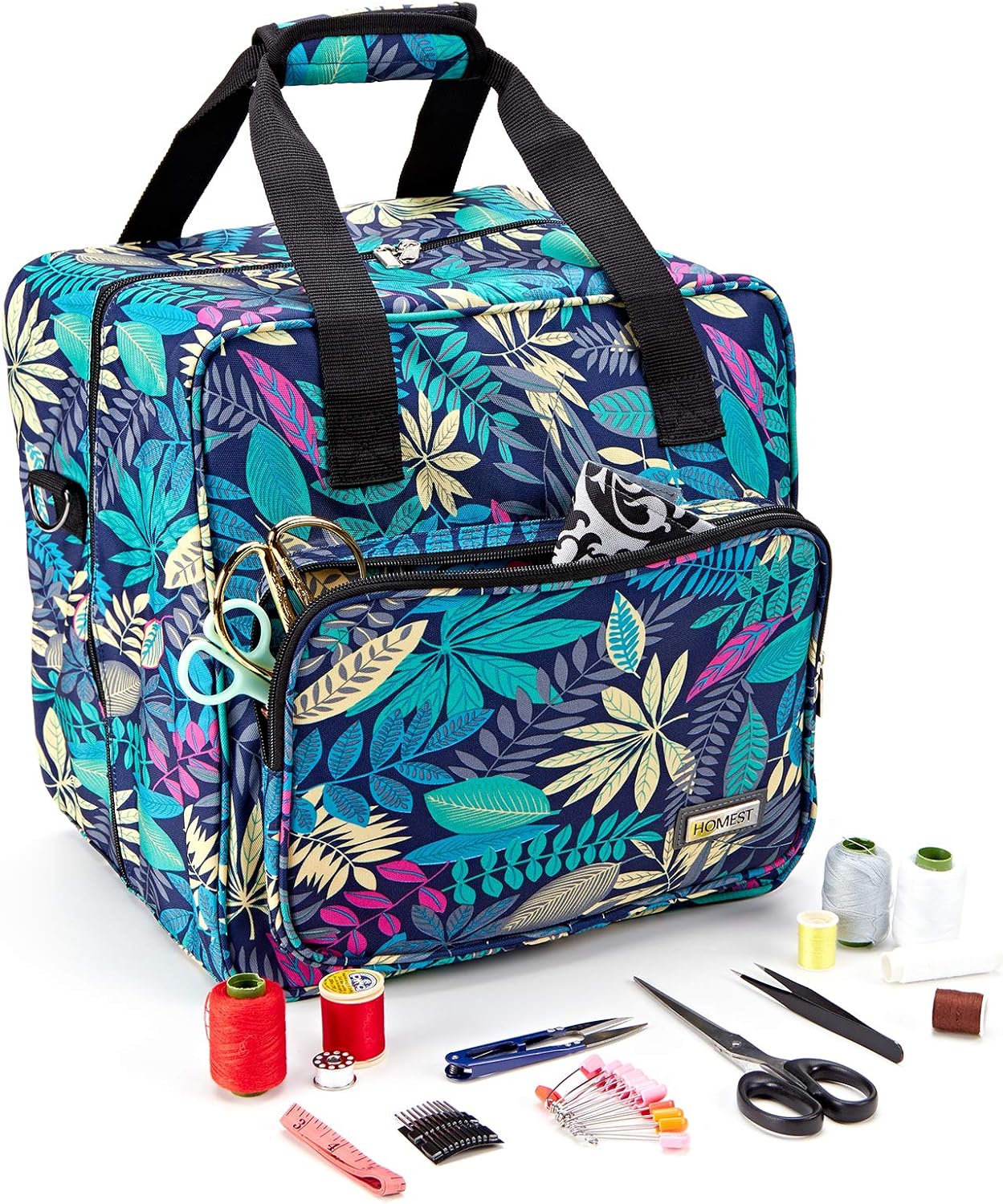 HOMEST Serger Carrying Case, Universal Overlock Sewing Machine Tote Bag with Shoulder Strap & Strong Handles, Compatible with Brother, Singer, Juki, Floral