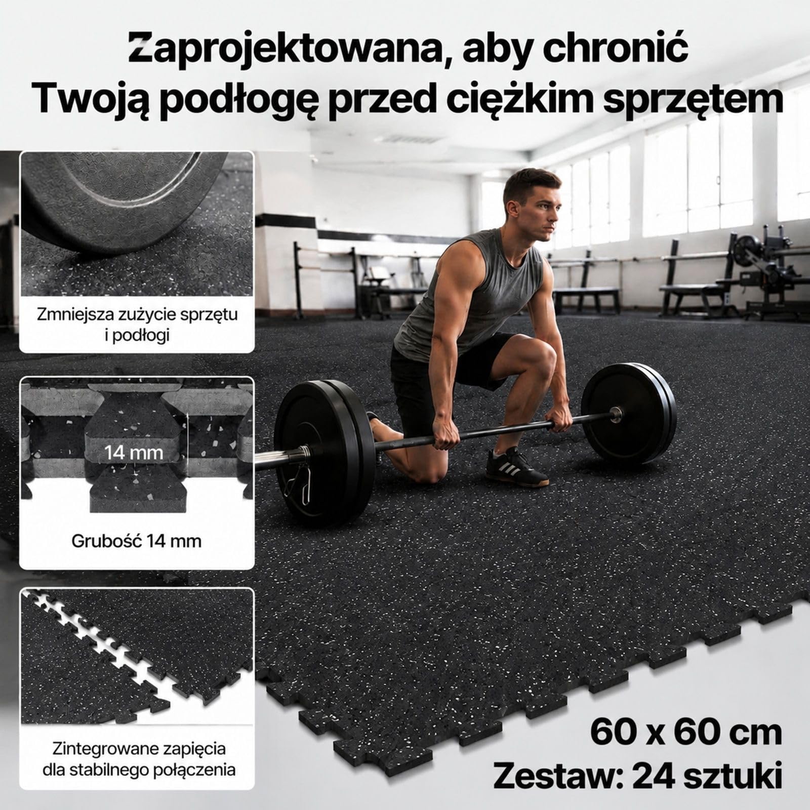 Zestaw 6 mat puzzle z pianki EVA, czarne z szarymi kropkami, łączone, do fitnessu, siłowni, domu, biura