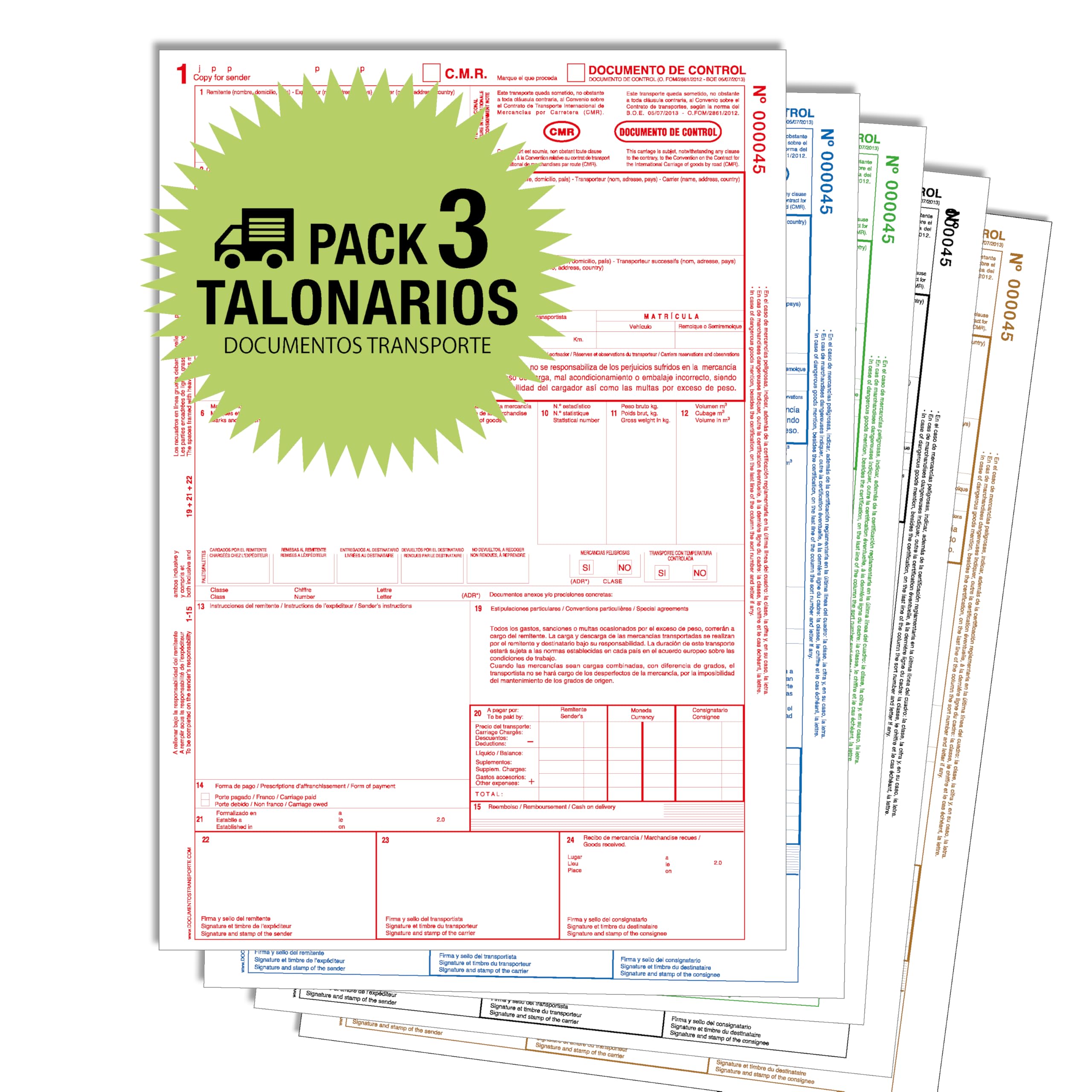 CMR Transporte - Pack 3 Talonarios - Autocopiativos, 5 Copias Numeradas, Acorde a Legislación